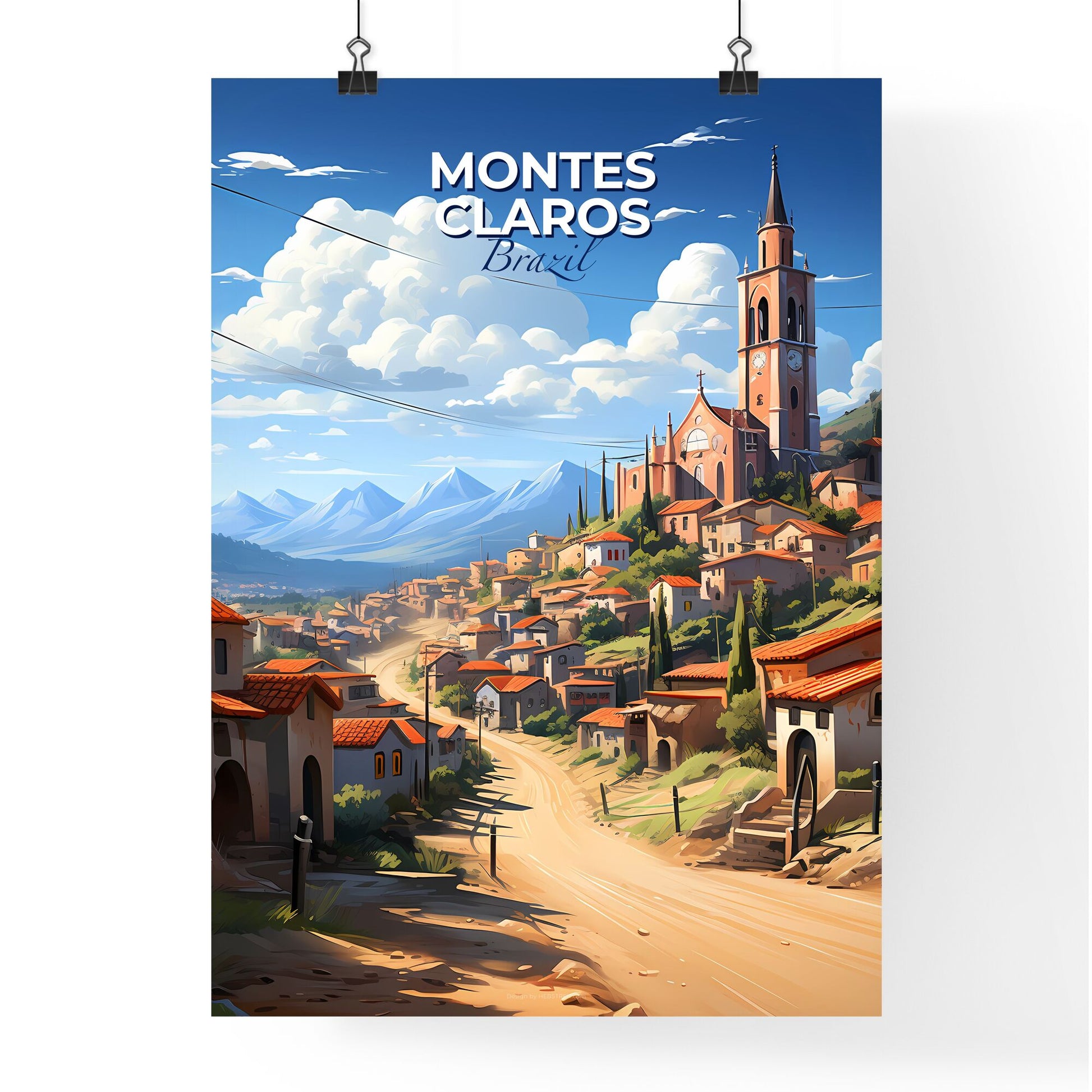 Montes Claros Brazil Skyline: Colorful Painting Cityscape Depicting Historic Clock Tower and Road Default Title