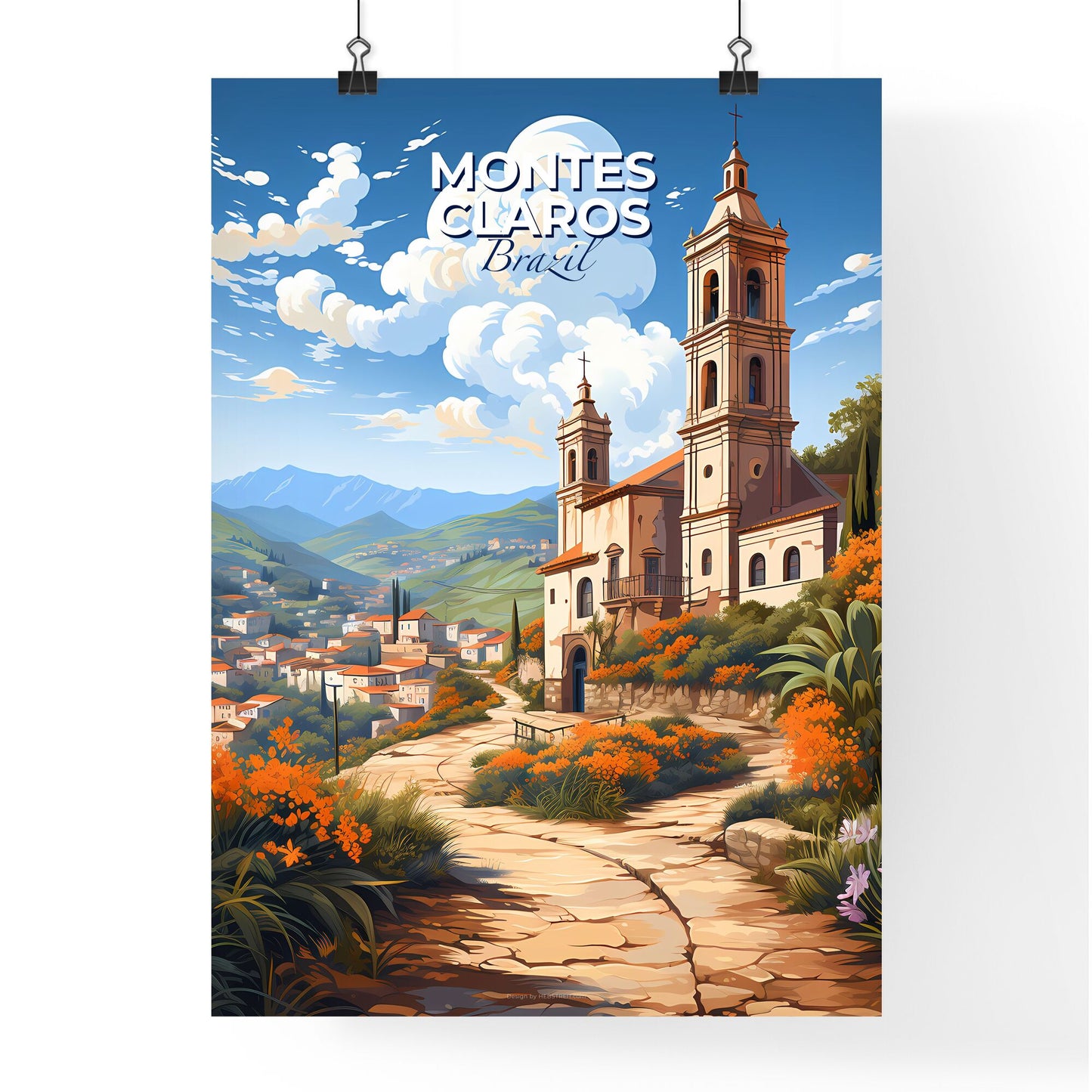 Montes Claros Brazil Cityscape Painting, Skyline Art, Town Scenery, Church Steeple, Colorful Buildings, Travel Poster Default Title