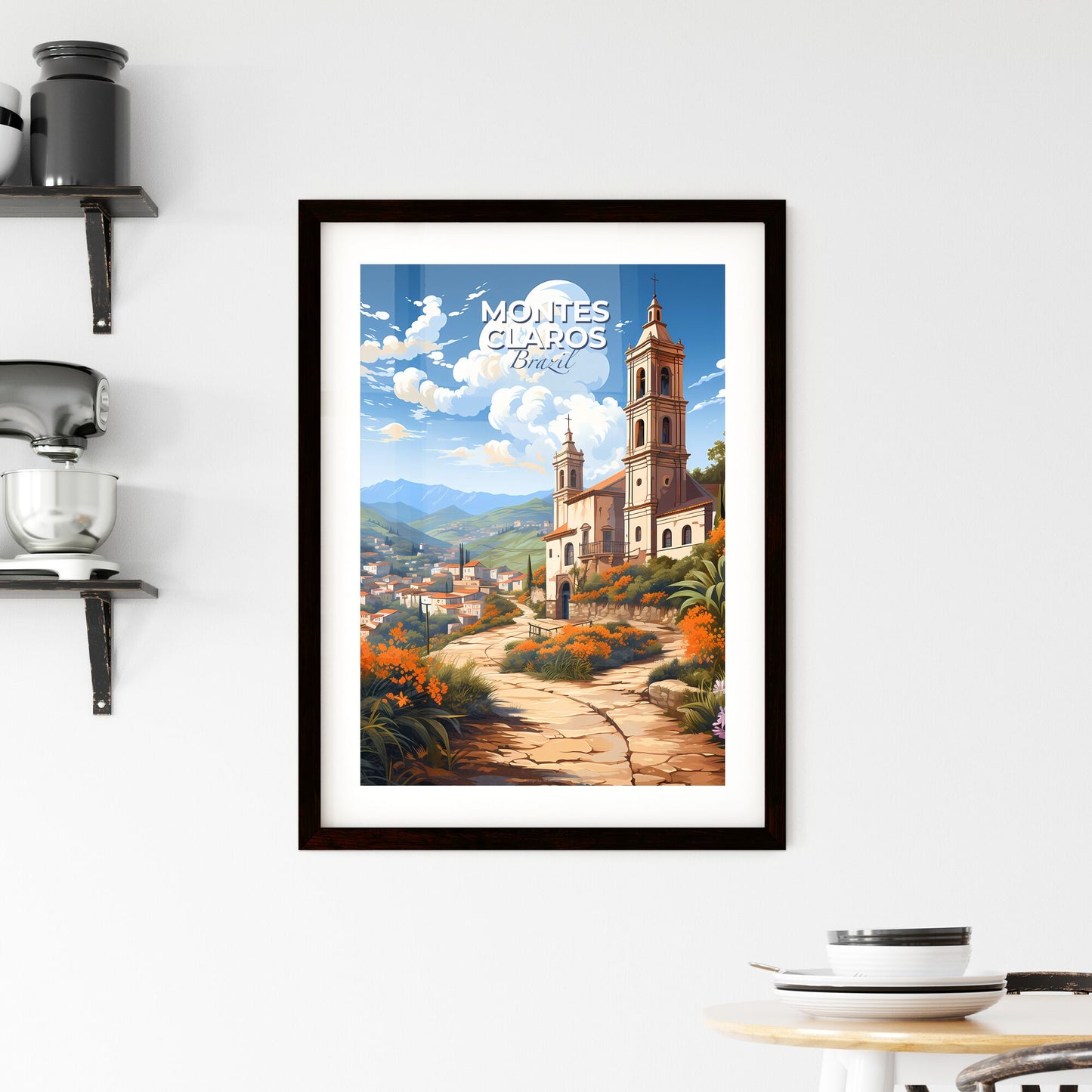 Montes Claros Brazil Cityscape Painting, Skyline Art, Town Scenery, Church Steeple, Colorful Buildings, Travel Poster Default Title