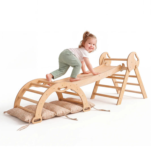Montessori 4in1 Kletterdreieck für Babys: Pikler-Dreieck, Kletterbogen, Rutschbrett und Kissen für Kleinkinder (1–3 Jahre)