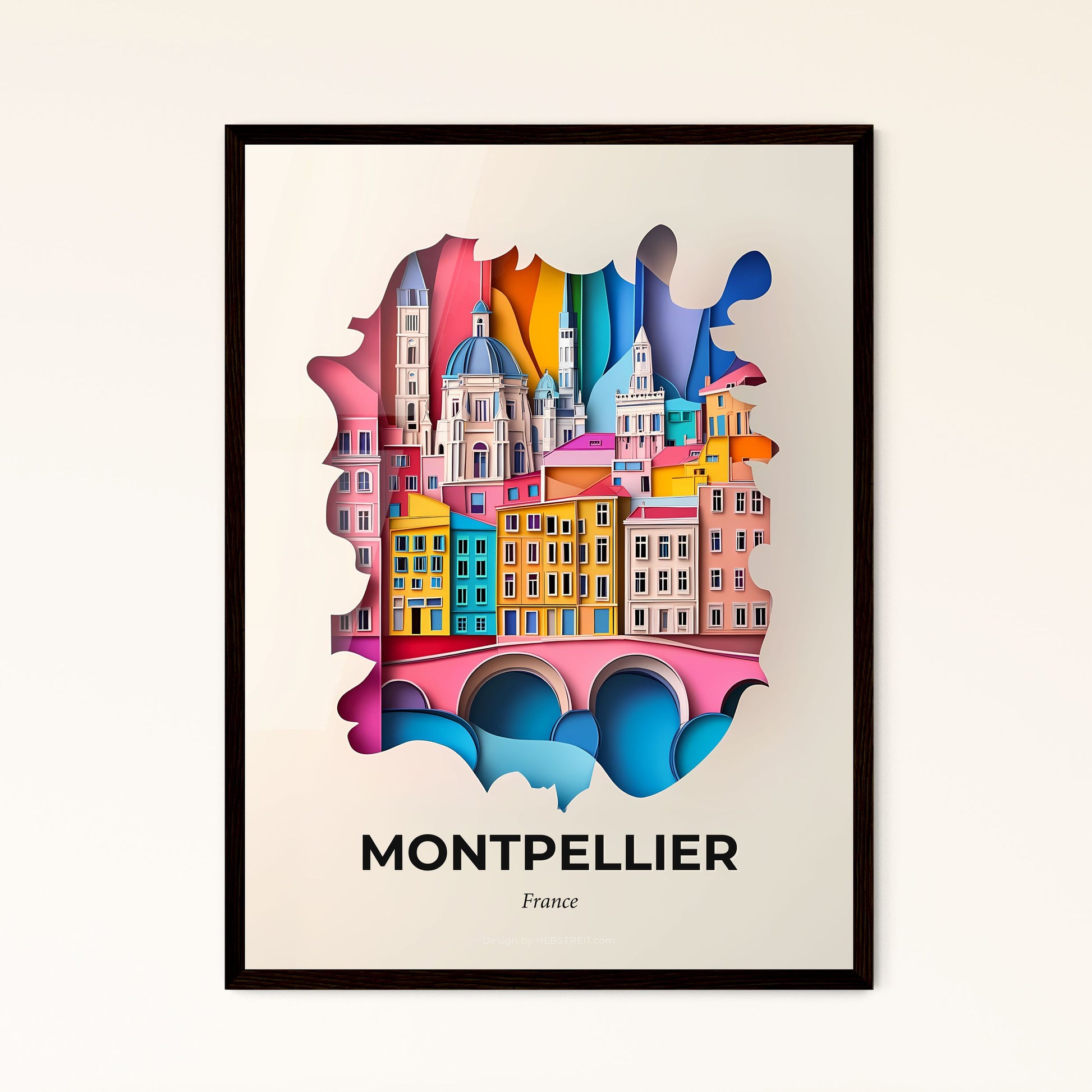 Vivid Montpellier, France - a paper cut of a city with a bridge