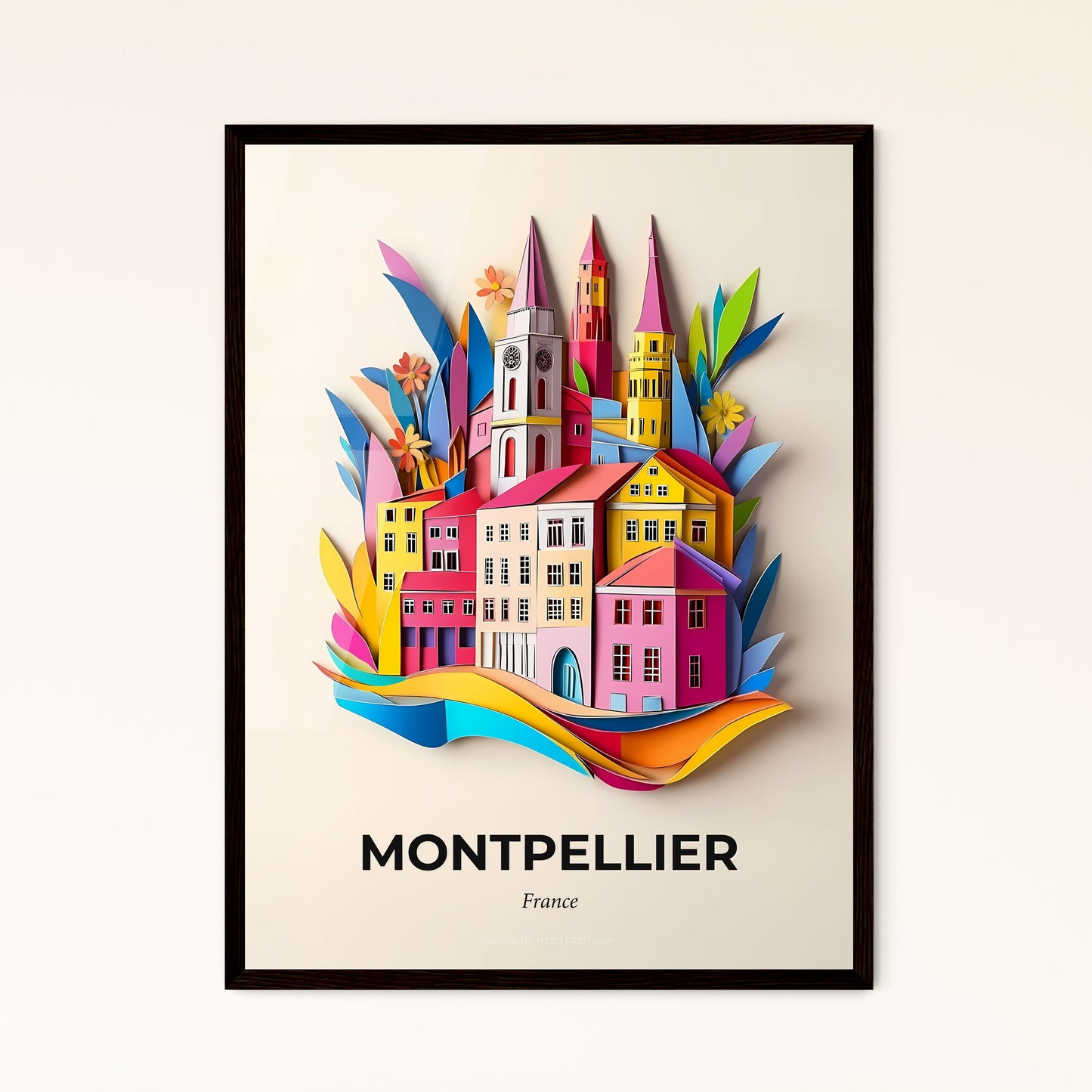 Vivid Montpellier, France - a paper cut of a city with a church and a rainbow colored building