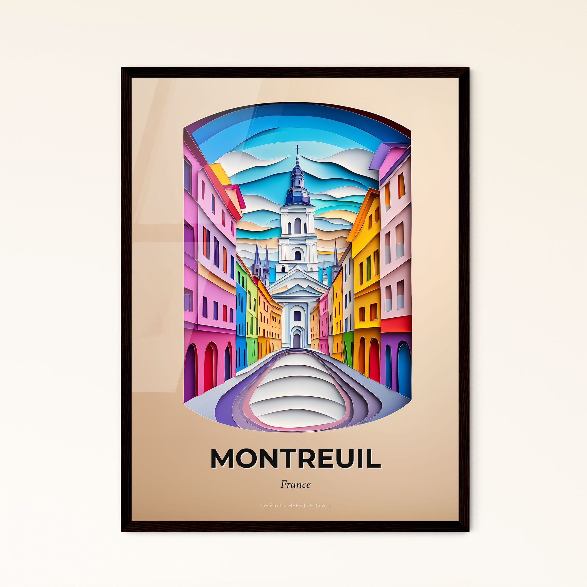 Vivid Montreuil, France - a colorful city street with a clock tower