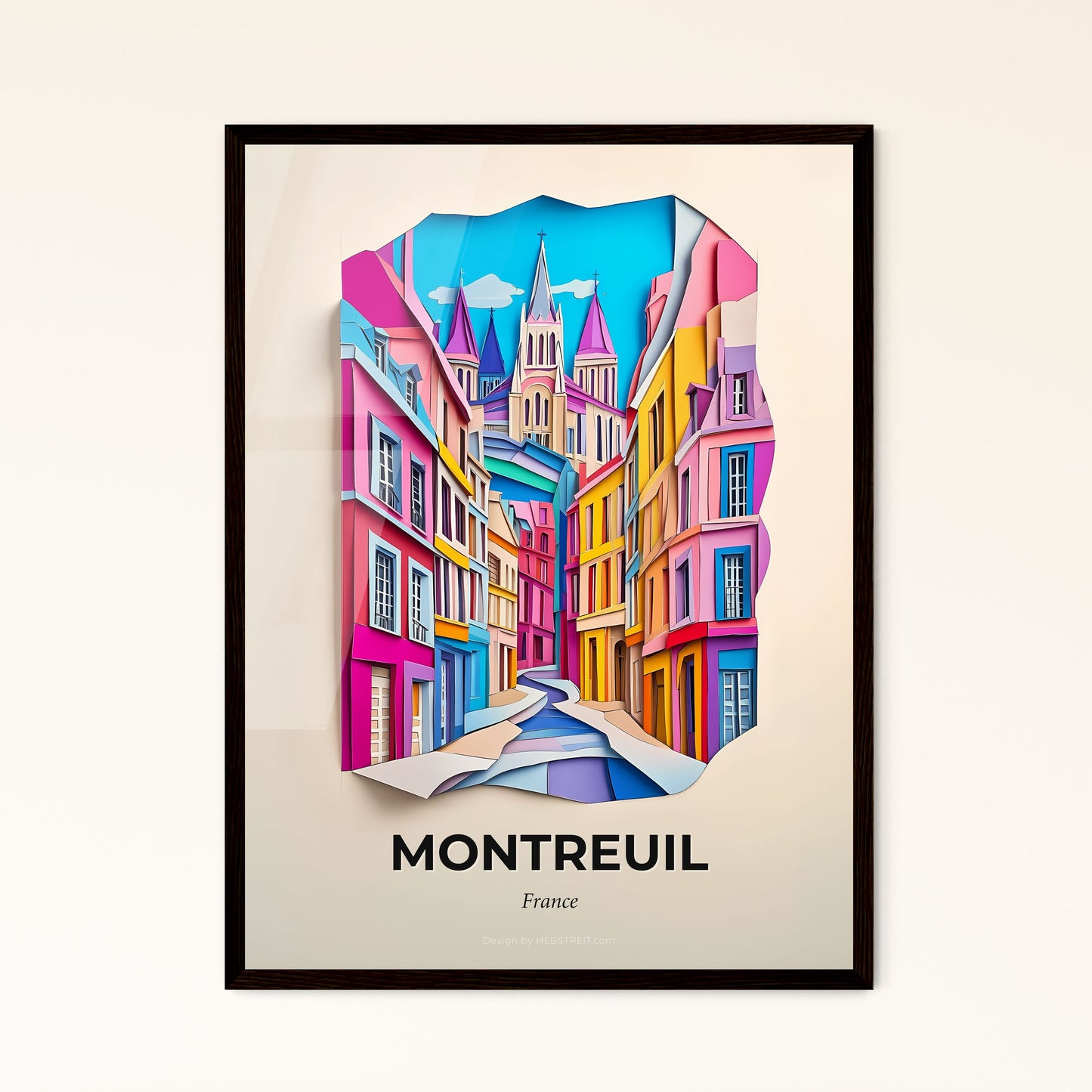 Vivid Montreuil, France - a colorful city street with a clock tower