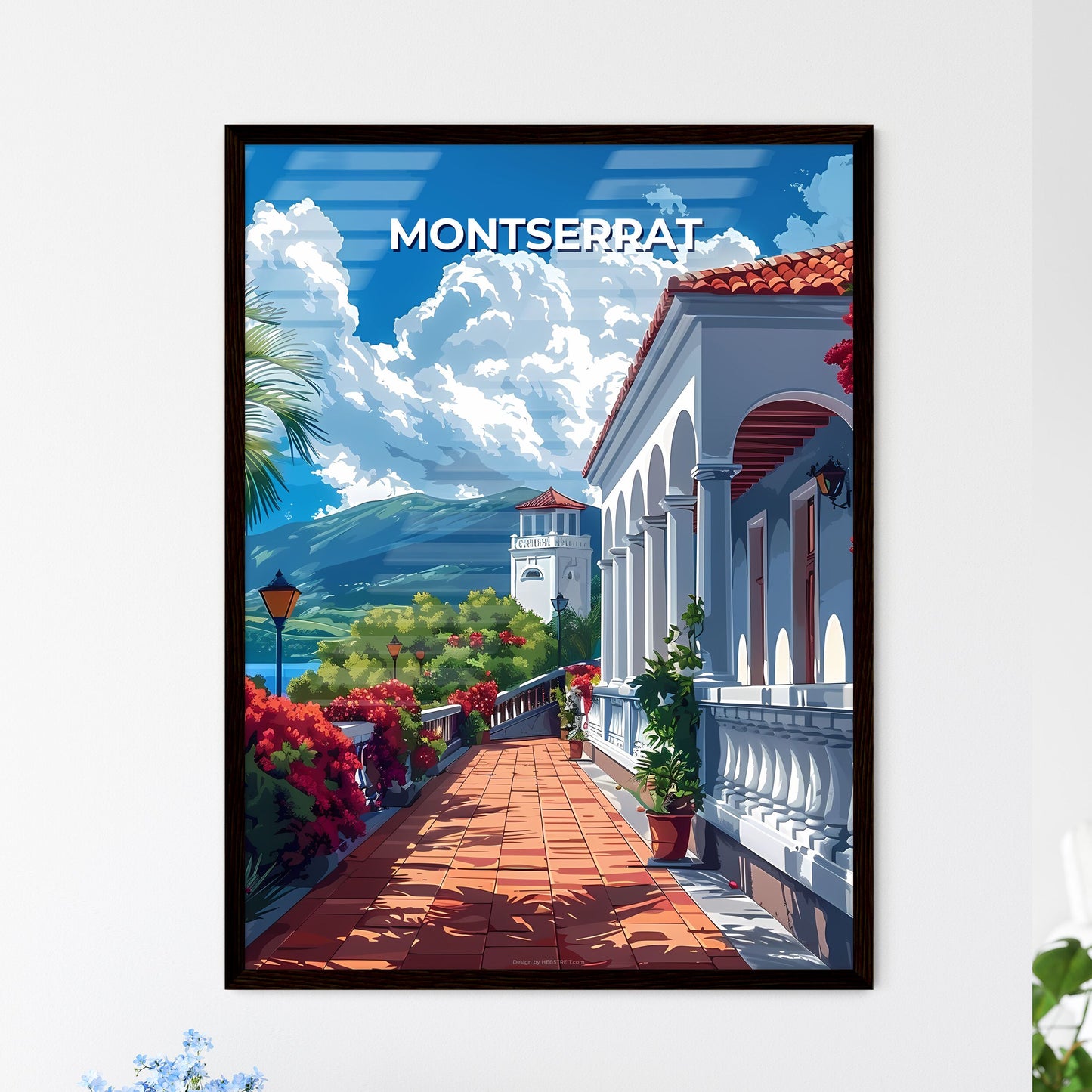 Colorful Art Painting of a Building with Balcony in Montserrat, North America with Mountain View Framed Art