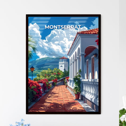 Colorful Art Painting of a Building with Balcony in Montserrat, North America with Mountain View Framed Art