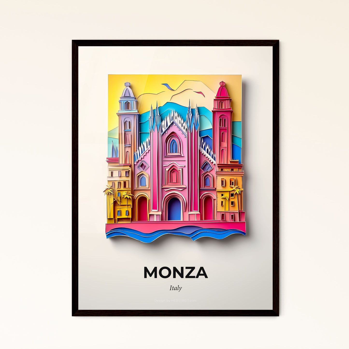 Vivid Monza, Italy - a colorful picture of a church with a bird flying over it