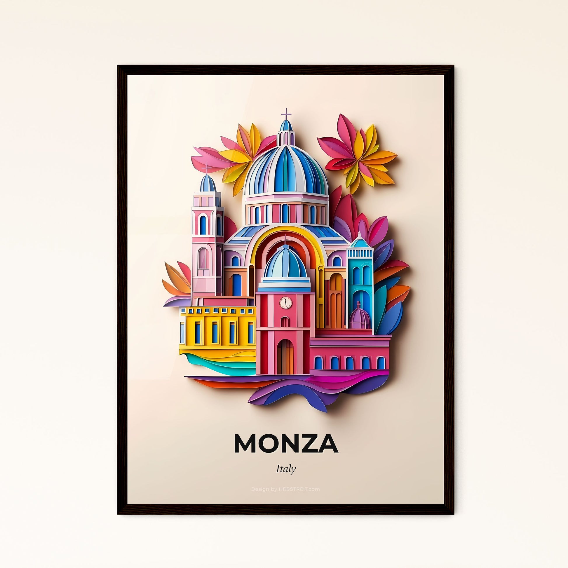 Vivid Monza, Italy - a colorful paper cut of a church and flowers