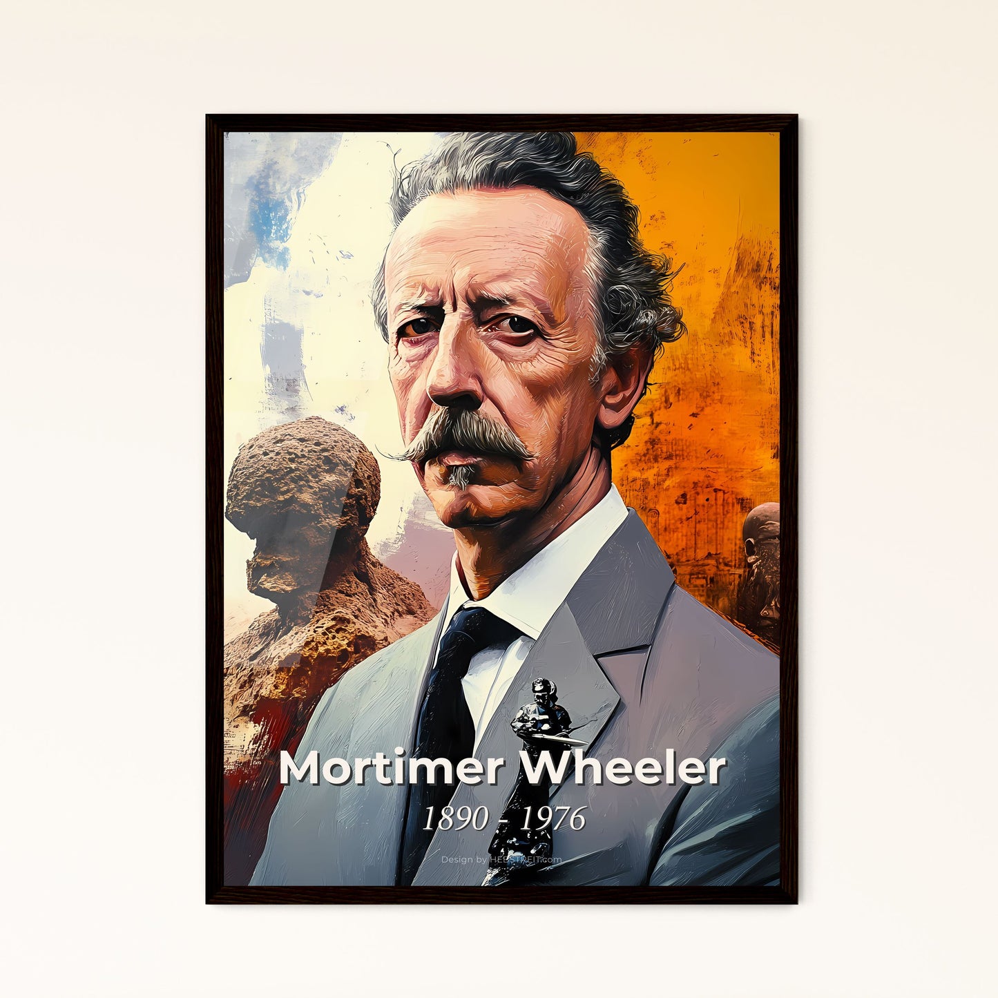 Portrait of Mortimer Wheeler, 1890 - 1976. Impressionistic painting of a man with a mustache and a chess piece.