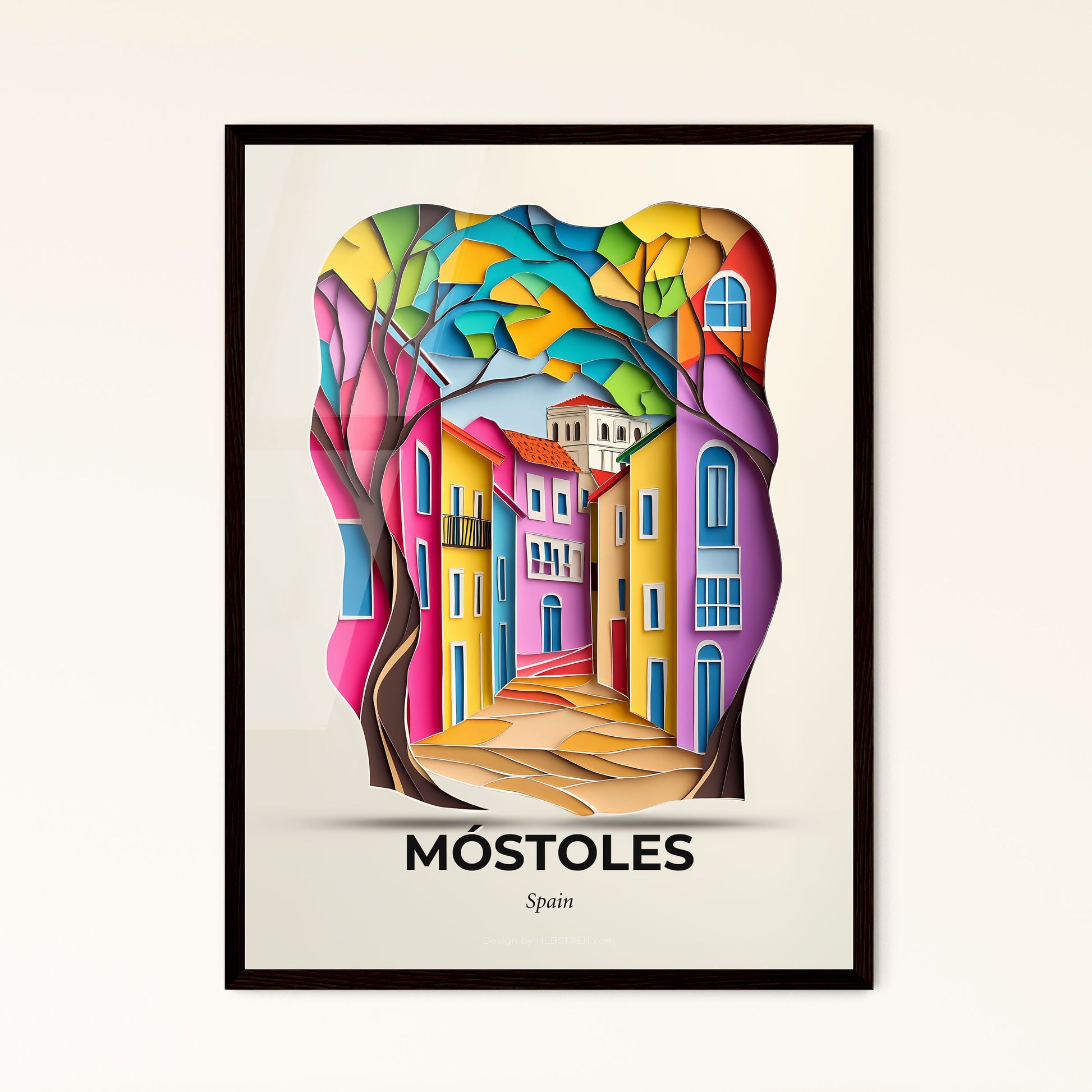 Vivid Móstoles, Spain - a colorful city scene with a tree and a building