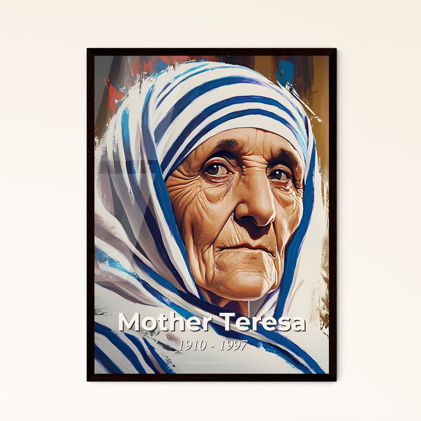 Portrait of Mother Teresa, 1910 - 1997. Impressionistic painting of a woman wearing a head scarf.