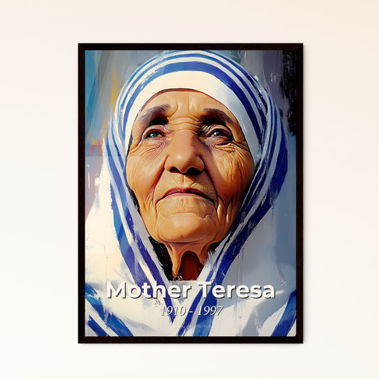 Portrait of Mother Teresa, 1910 - 1997. Impressionistic painting of a woman wearing a headdress.