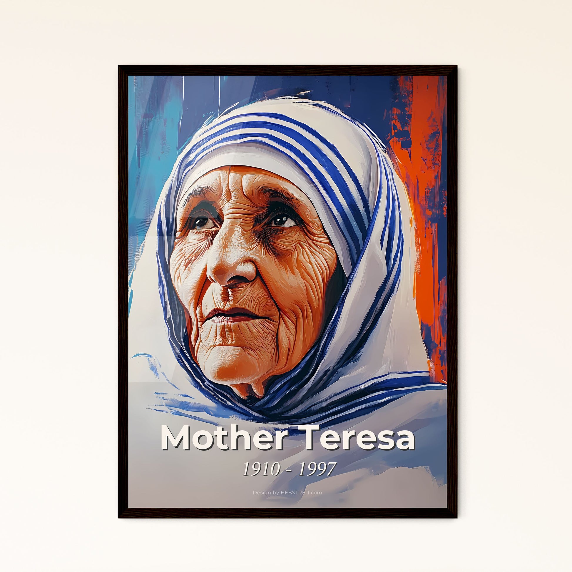 Portrait of Mother Teresa, 1910 - 1997. Impressionistic painting of a woman wearing a white head wrap.