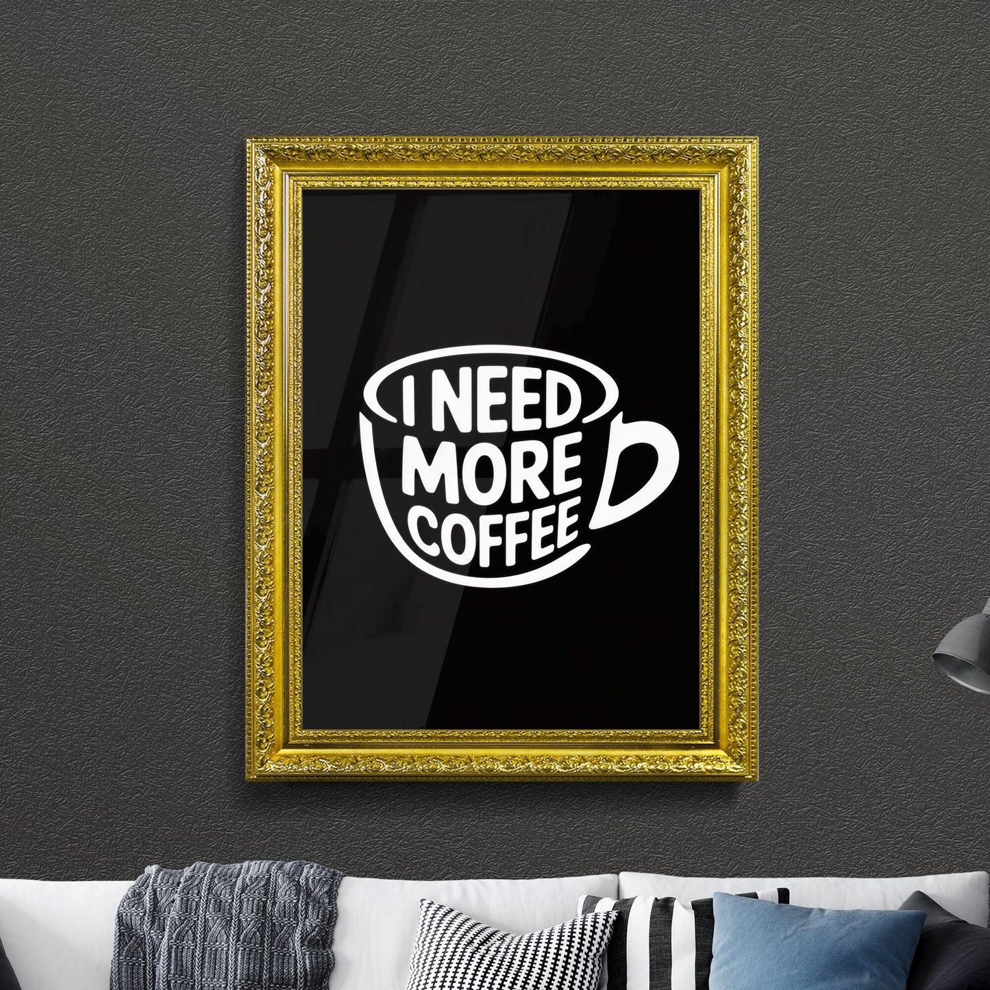 Motivational Coffee Quote: 'I Need More Coffee' in a Stylish Mug Design