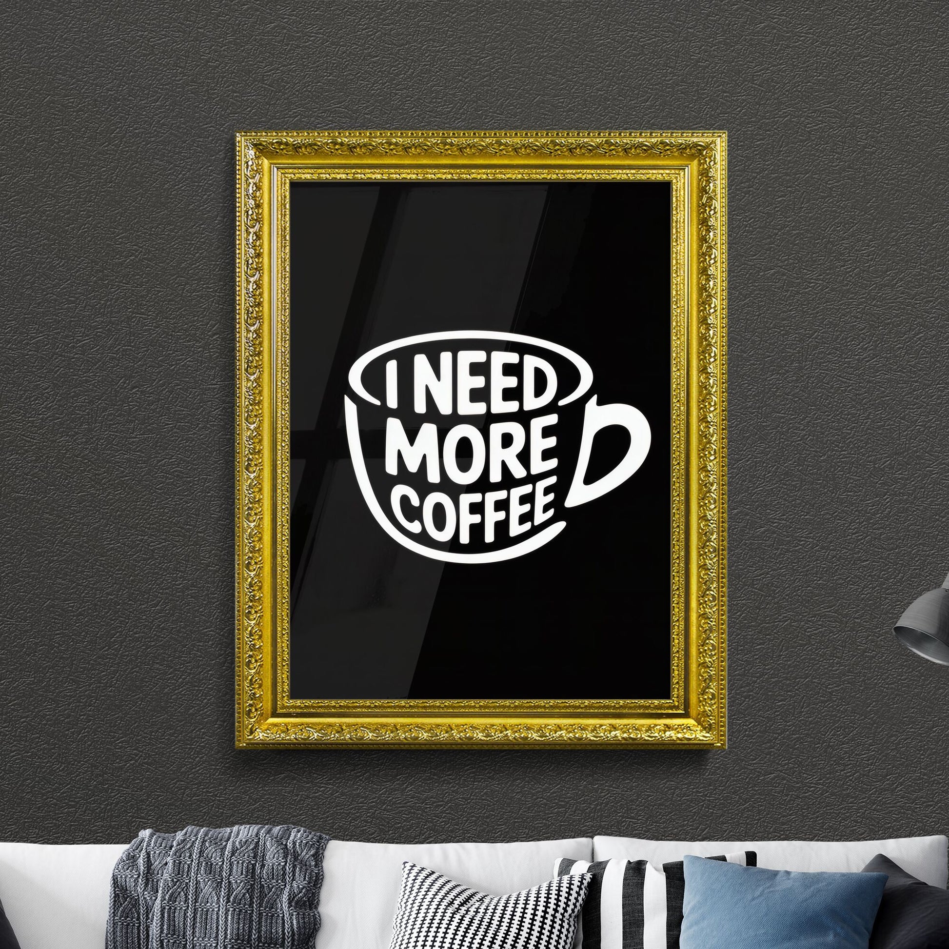 Motivational Coffee Quote: 'I Need More Coffee' in a Stylish Mug Design
