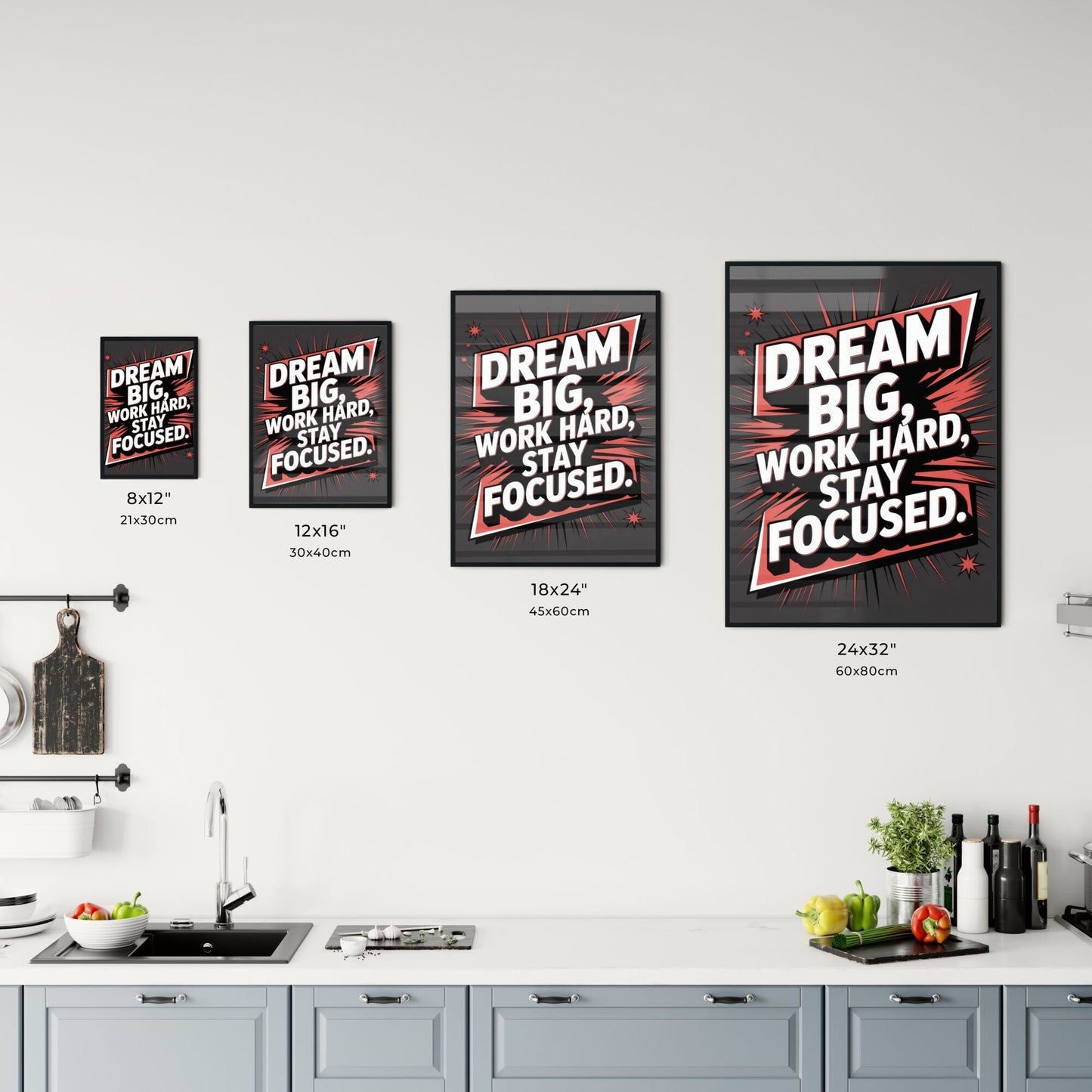 Motivational quote poster: Dream big, work hard, and stay focused for success and inspiration. Chart