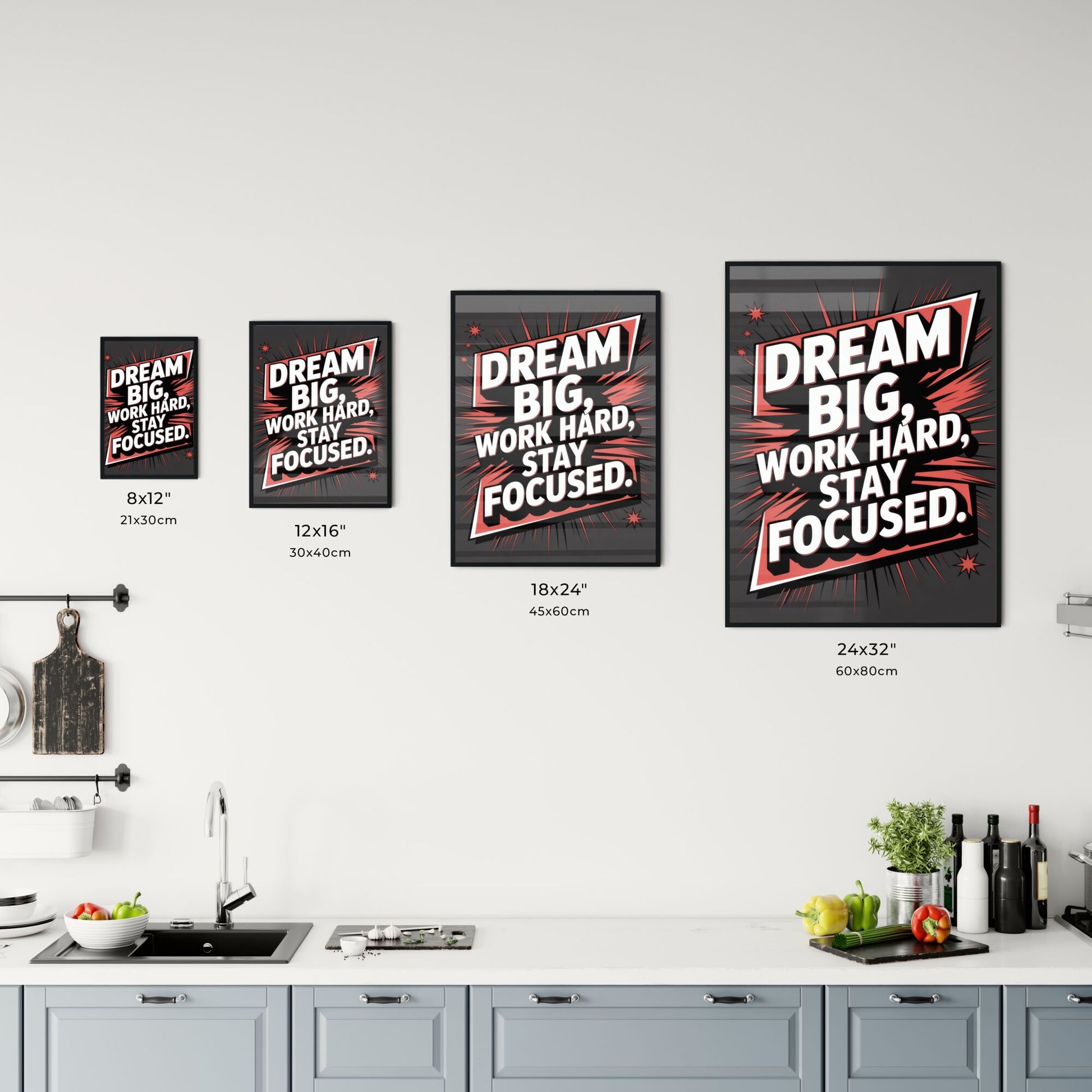 Motivational quote poster: Dream big, work hard, and stay focused for success and inspiration. Chart