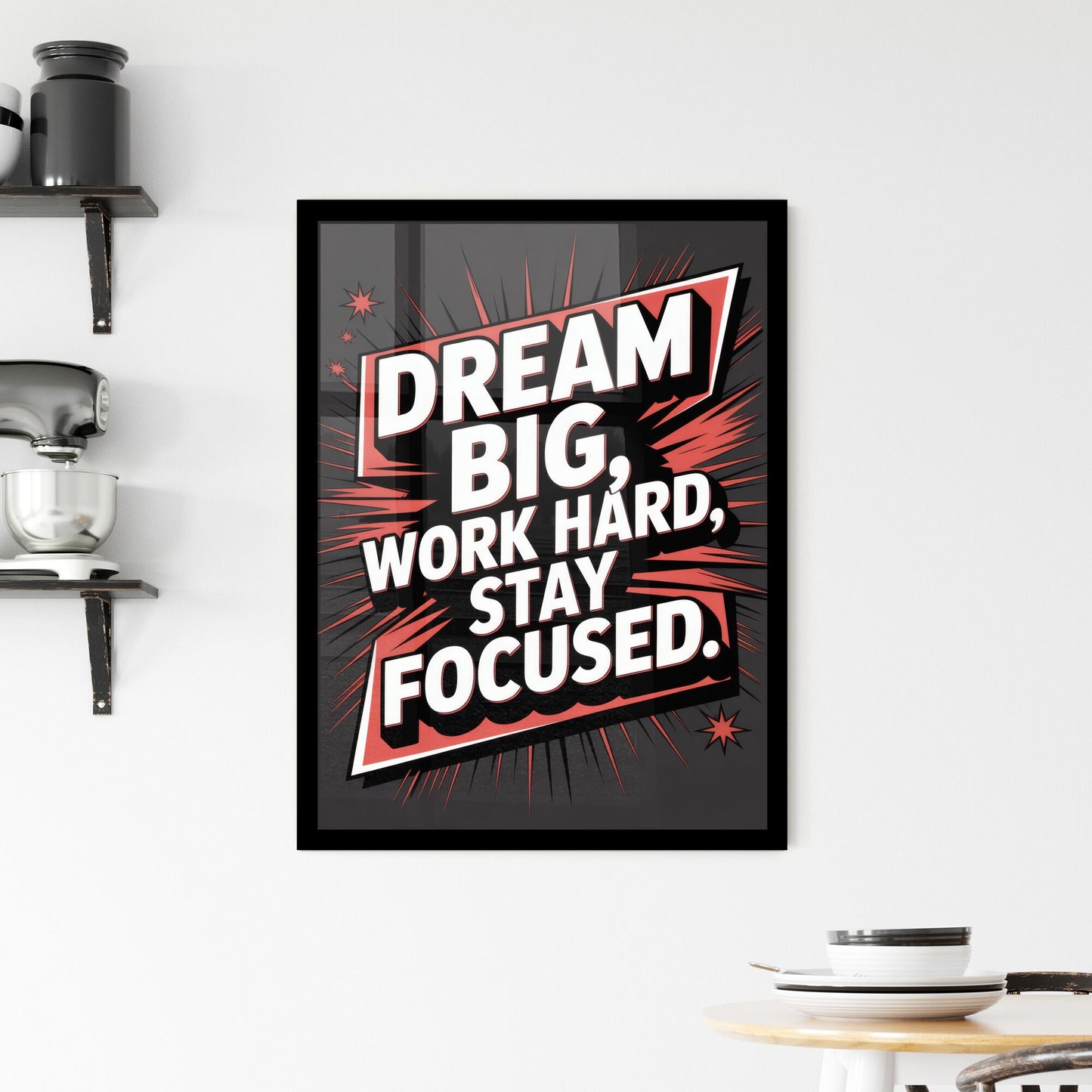 Motivational quote poster: Dream big, work hard, and stay focused for success and inspiration. Framed Print