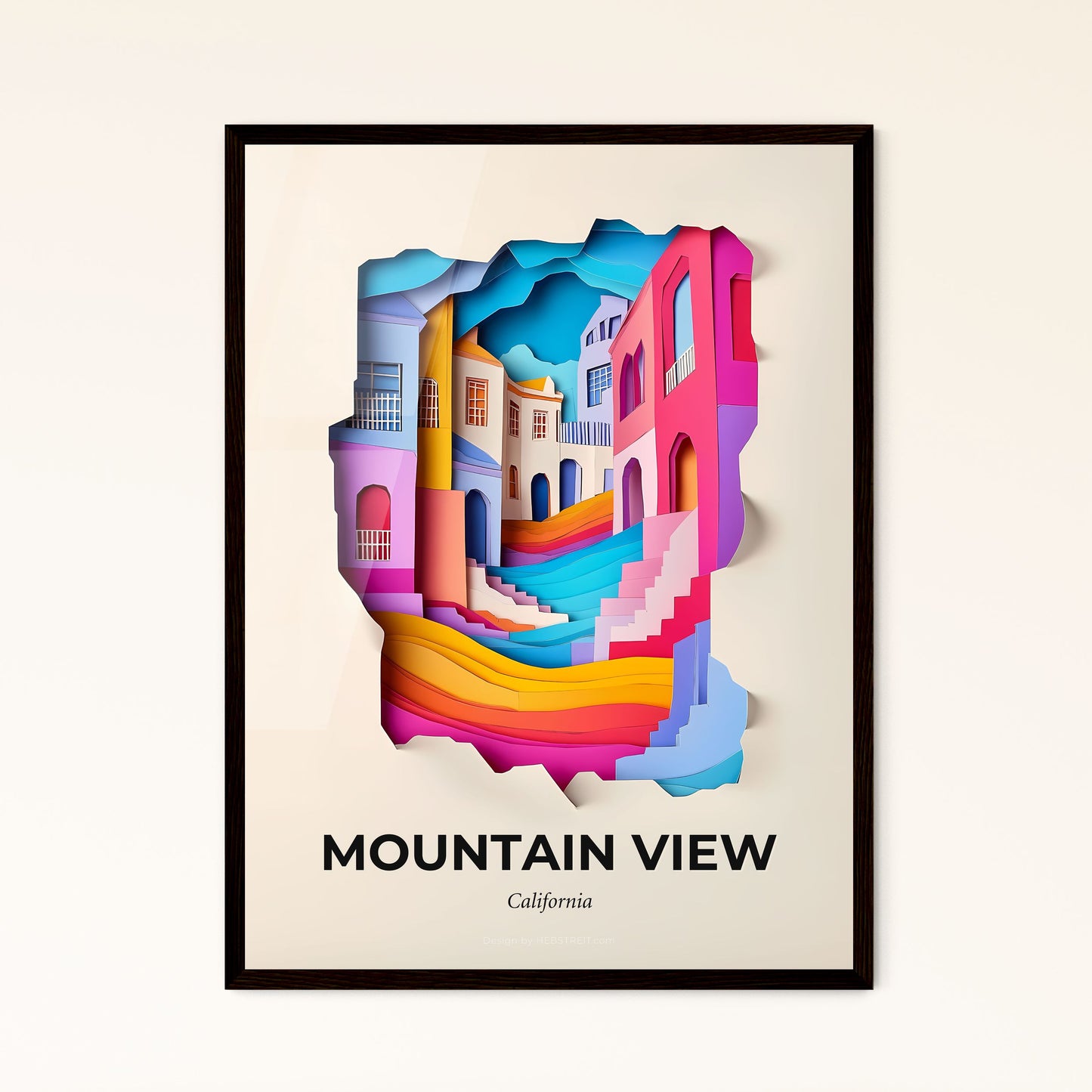 Vivid Mountain View, California - a paper cut of a colorful city with stairs