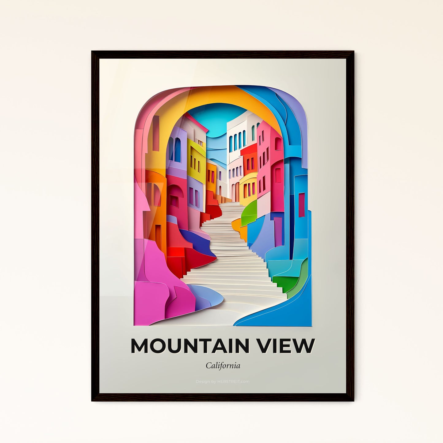 Vivid Mountain View, California - a colorful city scene with a staircase going up to a building