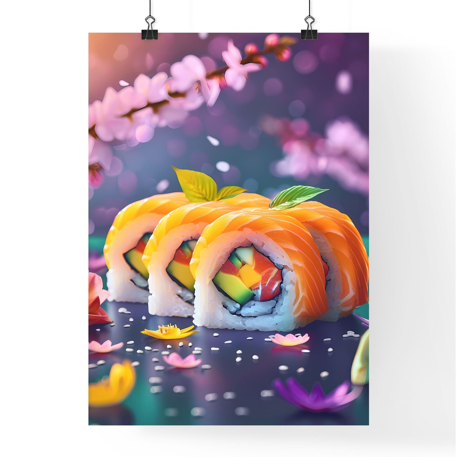 Sushi Rolls Art: Vibrant Painting Against Spring Nature with Flowers, Leaves, Blue Surface, Purple, Yellow, White Default Title