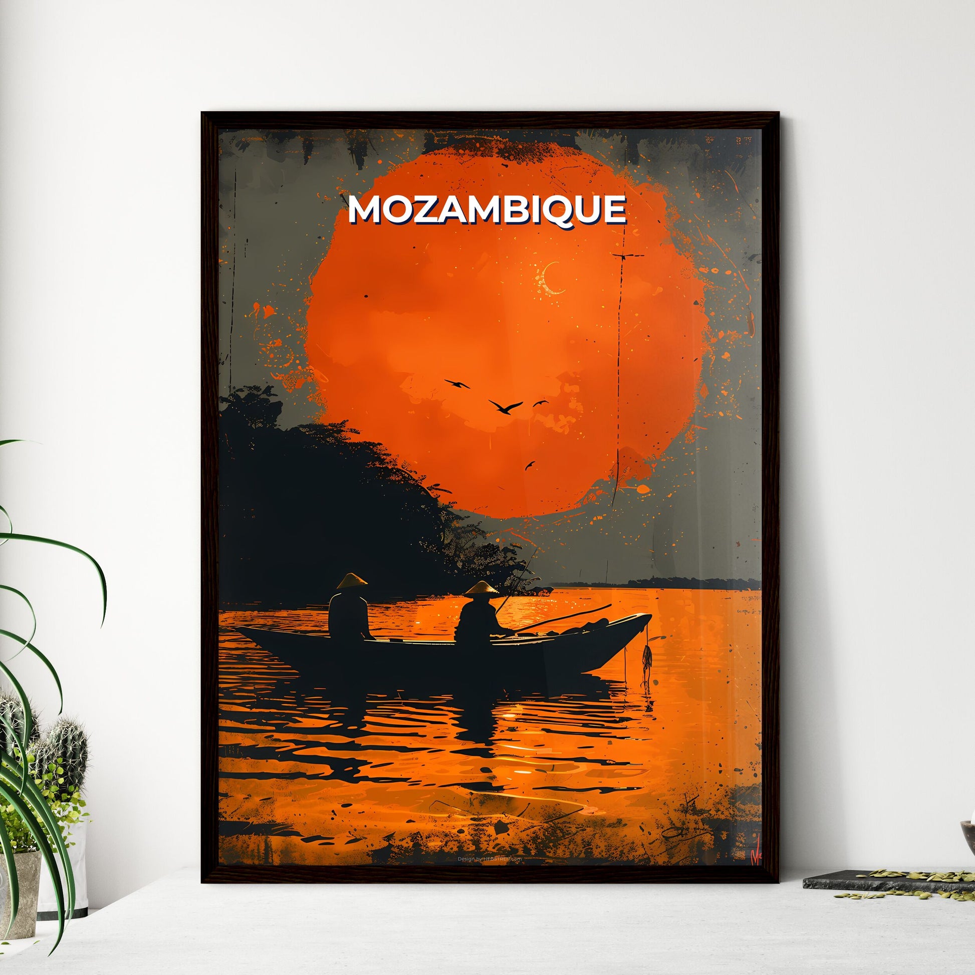 Vibrant Painting of Mozambique: Two People Boating at Sunset with Birds