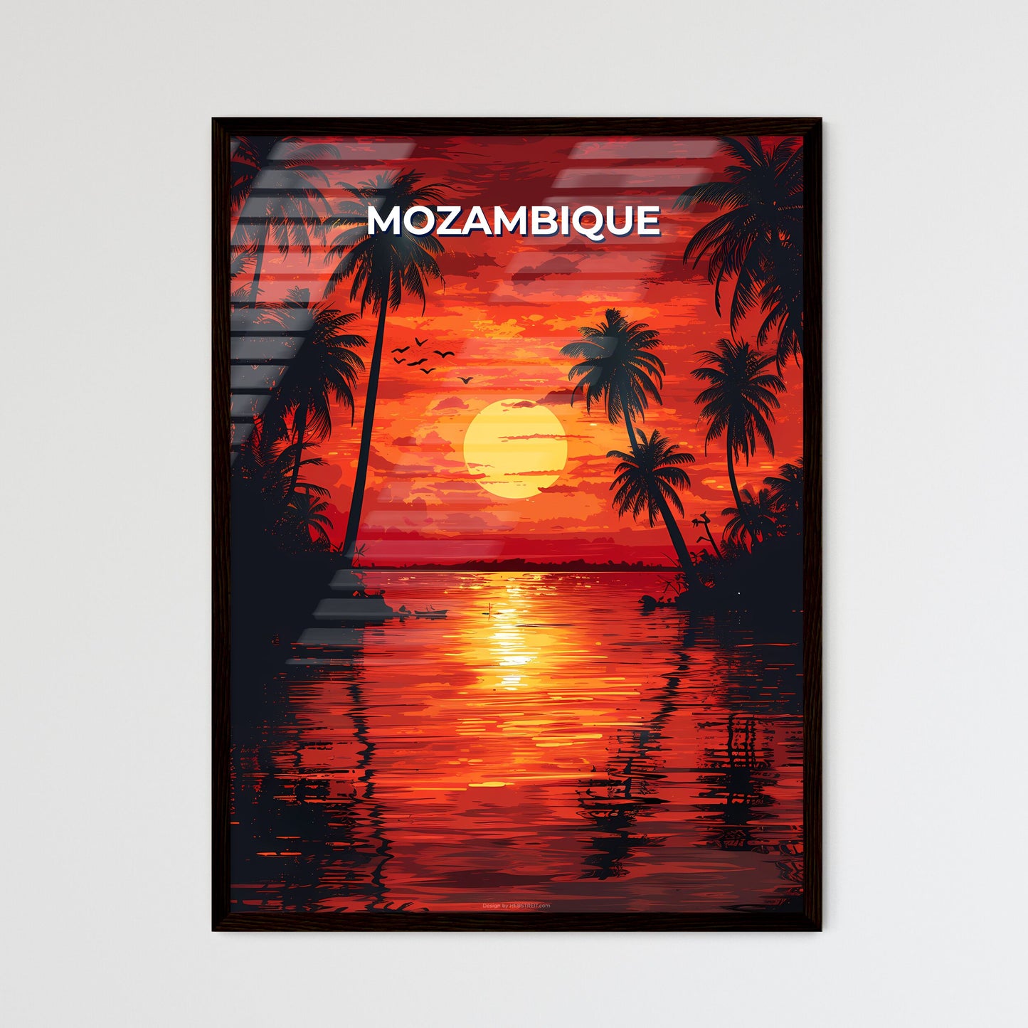 Vibrant Artistic Sunset Painting of Mozambique, Africa, Palm Trees over Water