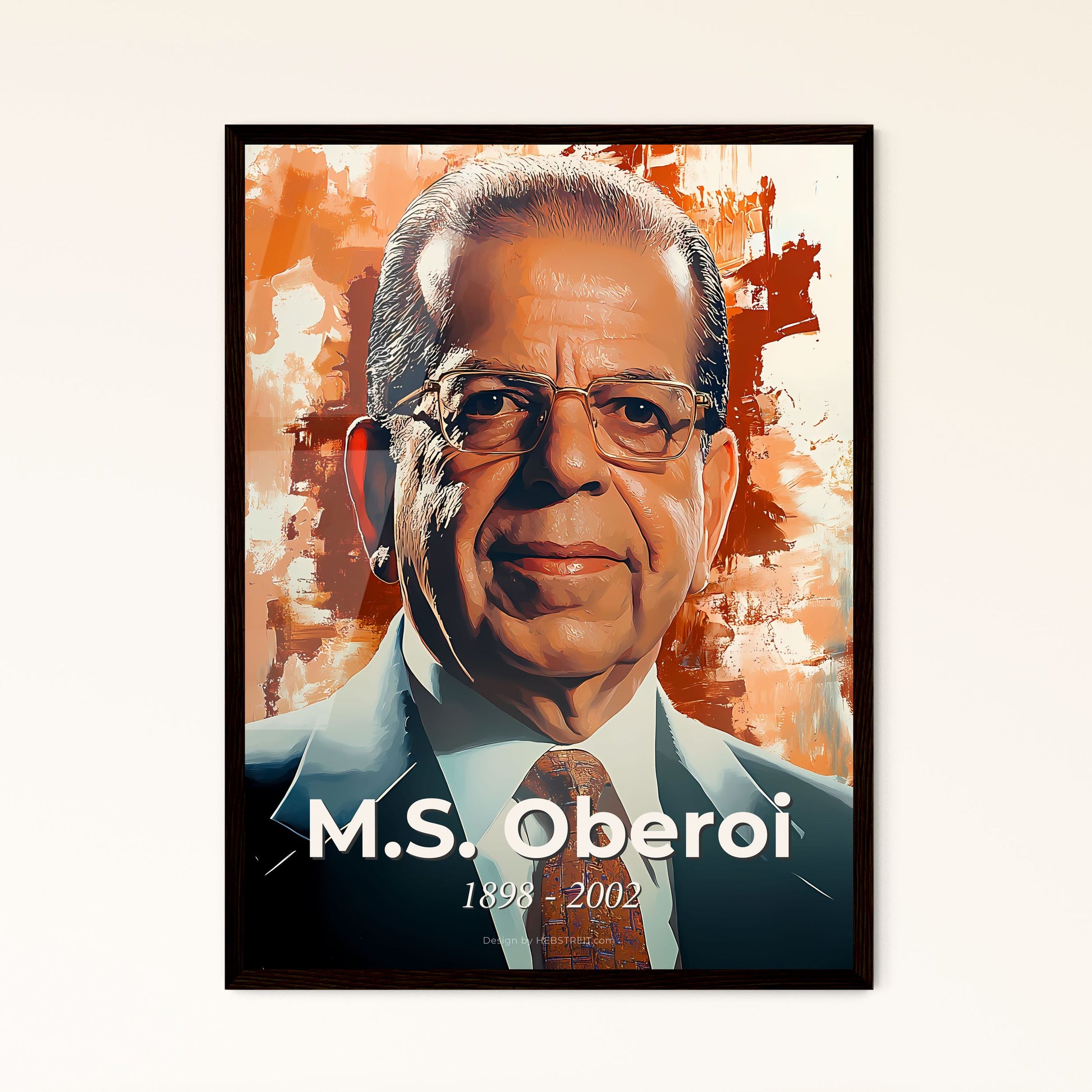 Portrait of M.S. Oberoi, 1898 - 2002. Impressionistic painting of a man in a suit and tie.