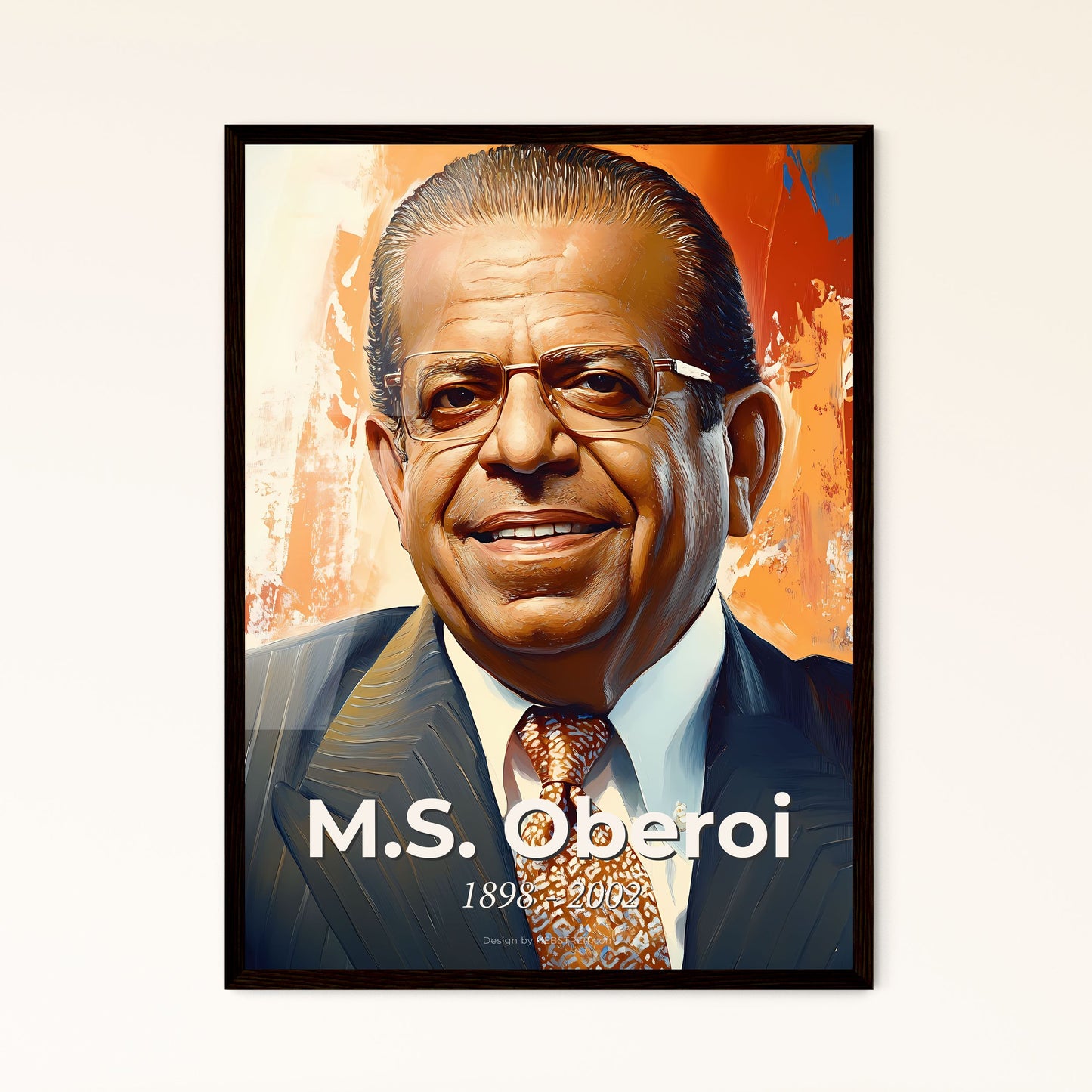 Portrait of M.S. Oberoi, 1898 - 2002. Impressionistic painting of a man in a suit and tie.