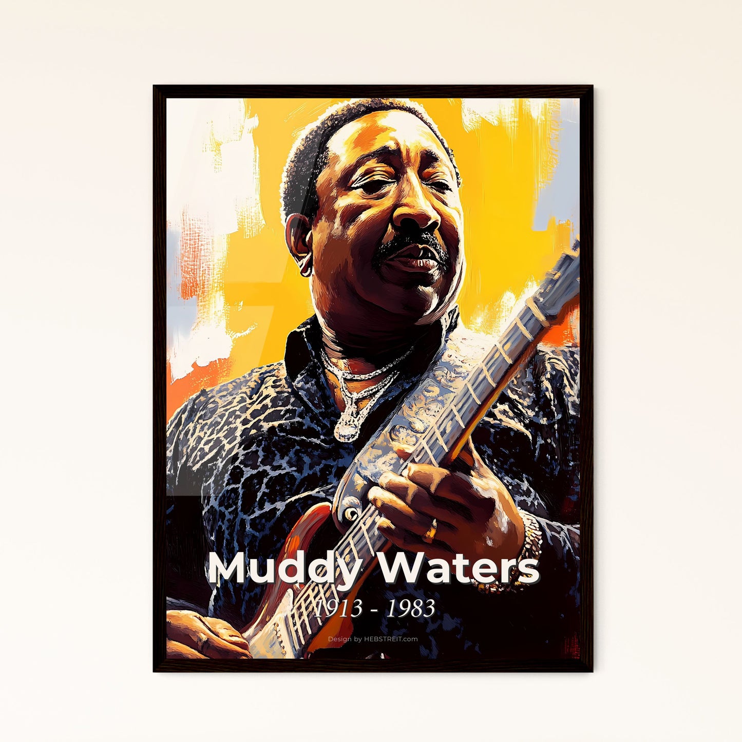 Portrait of Muddy Waters, 1913 - 1983. Impressionistic painting of a man playing a guitar.