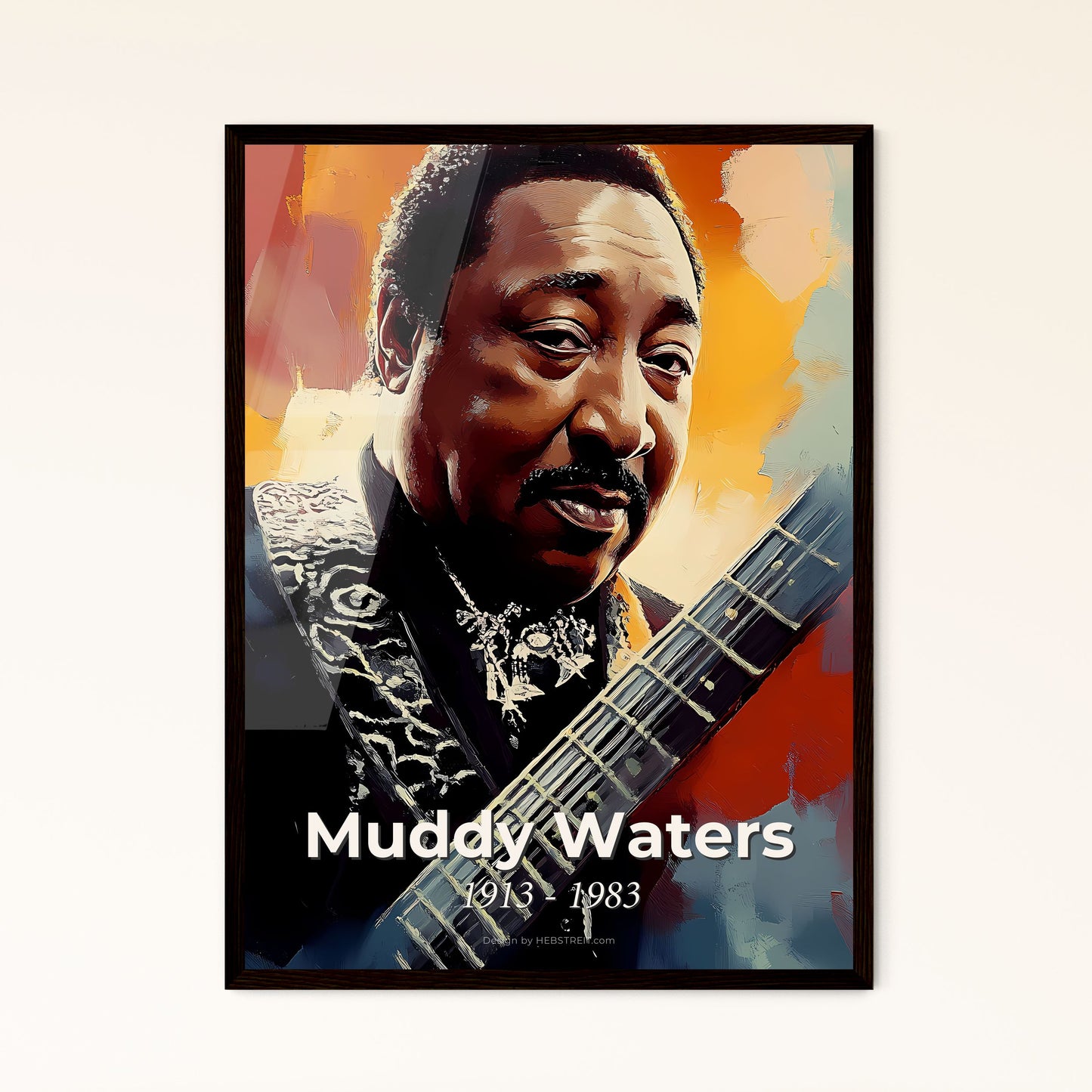 Portrait of Muddy Waters, 1913 - 1983. Impressionistic painting of a man holding a guitar.