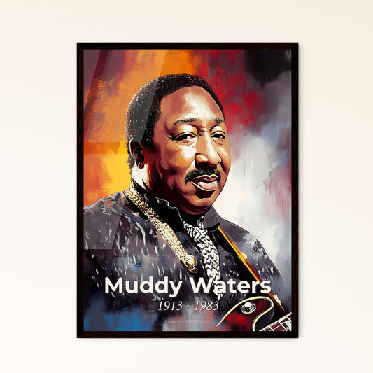 Portrait of Muddy Waters, 1913 - 1983. Impressionistic painting of a man holding a guitar.