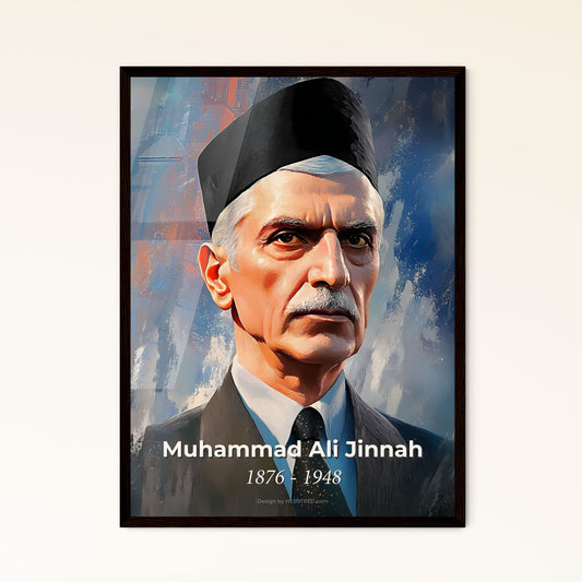 Portrait of Muhammad Ali Jinnah, 1876 - 1948. Impressionistic painting of a man in a suit and tie.