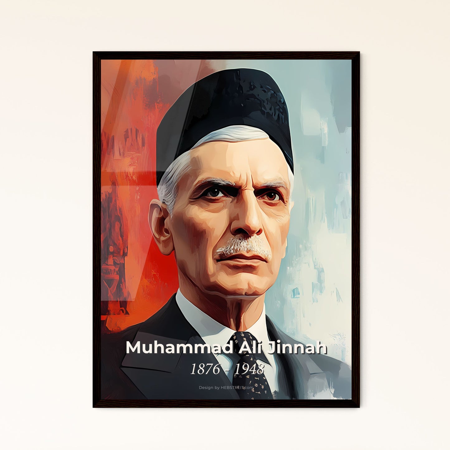 Portrait of Muhammad Ali Jinnah, 1876 - 1948. Impressionistic painting of a man in a suit and tie.