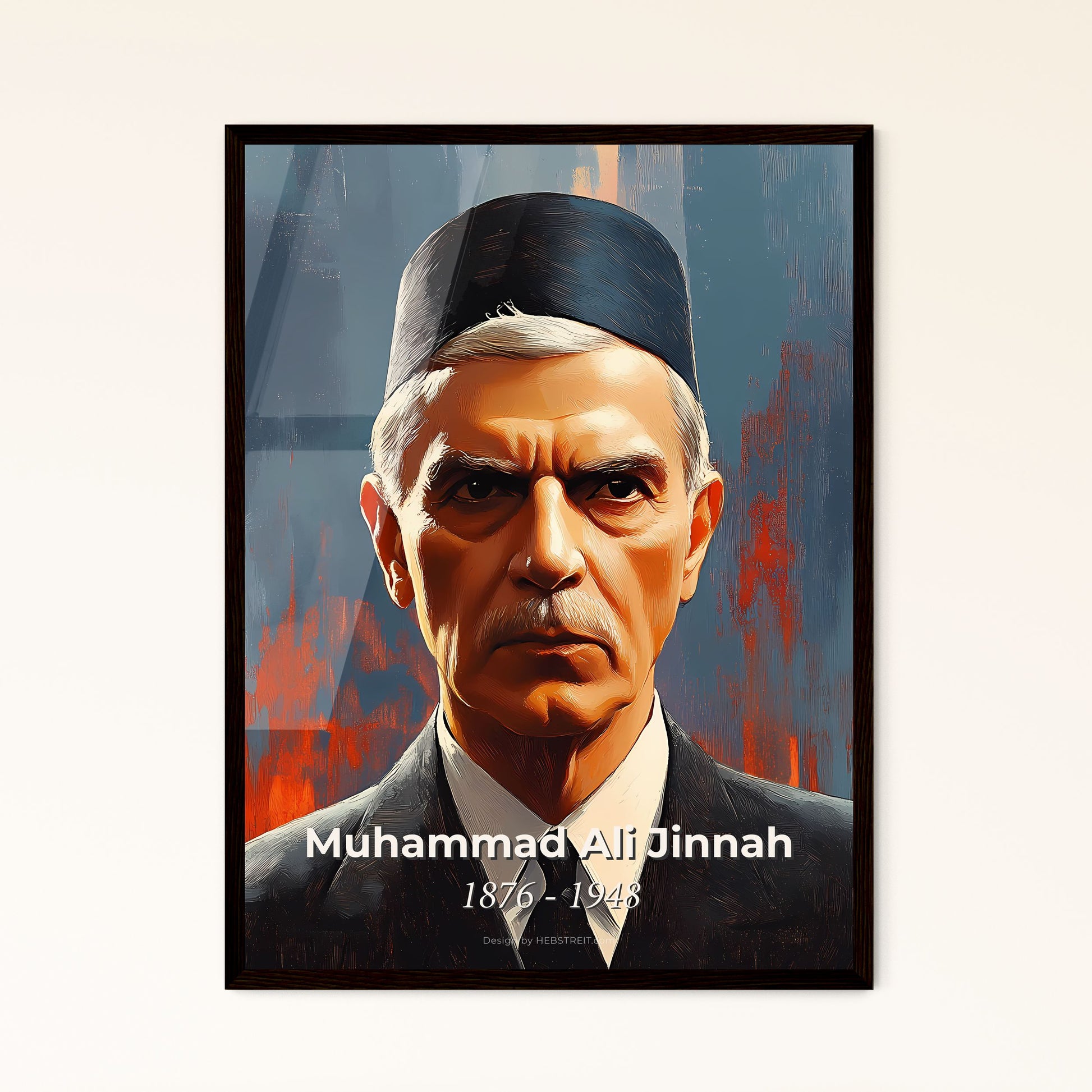 Portrait of Muhammad Ali Jinnah, 1876 - 1948. Impressionistic painting of a man in a suit and tie.