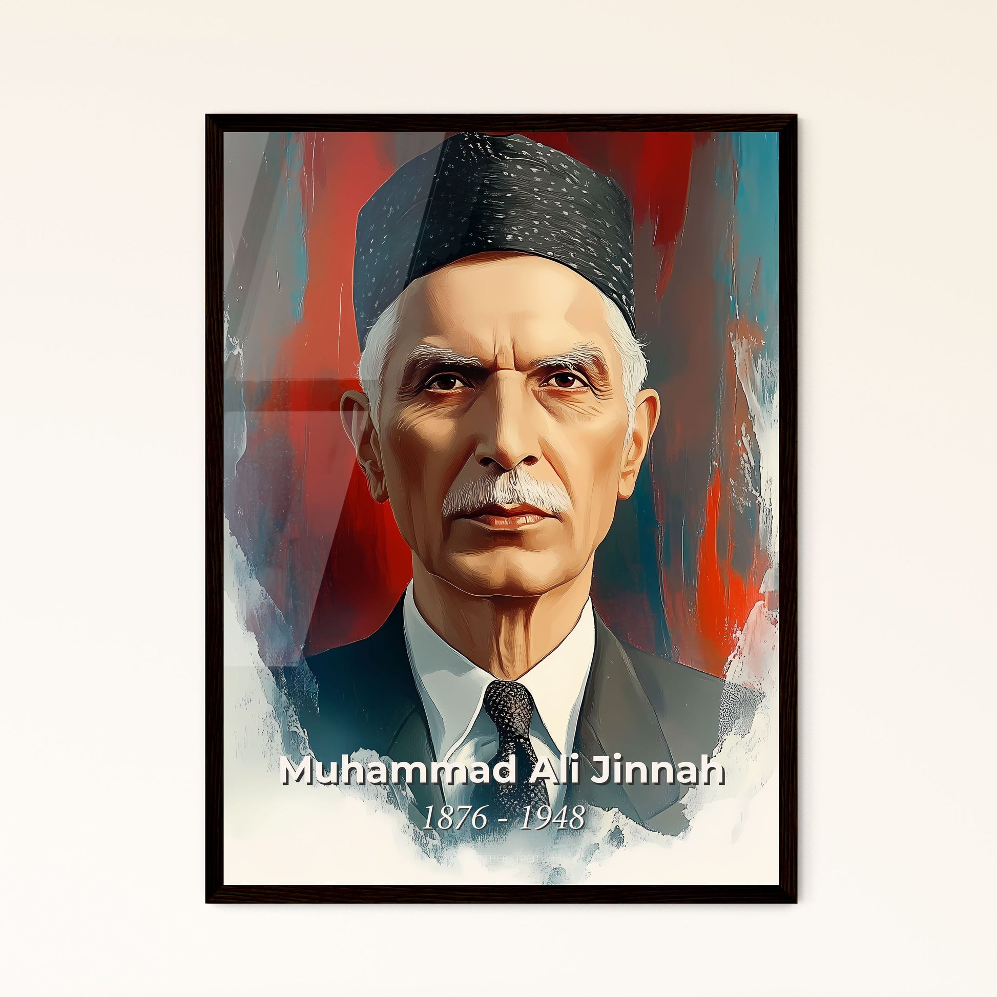 Portrait of Muhammad Ali Jinnah, 1876 - 1948. Impressionistic painting of a man wearing a hat and tie.