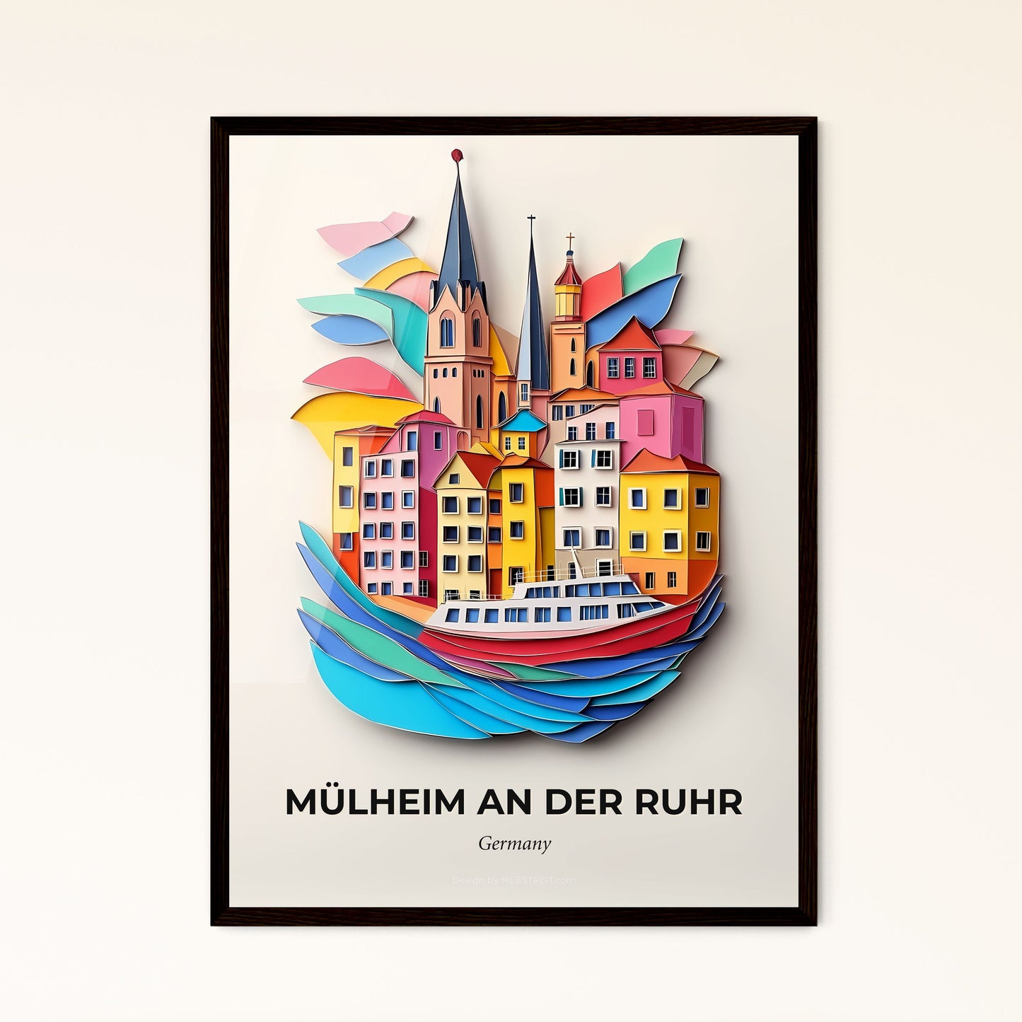 Vivid Mulheim an der Ruhr, Germany - a paper cut of a city with a boat