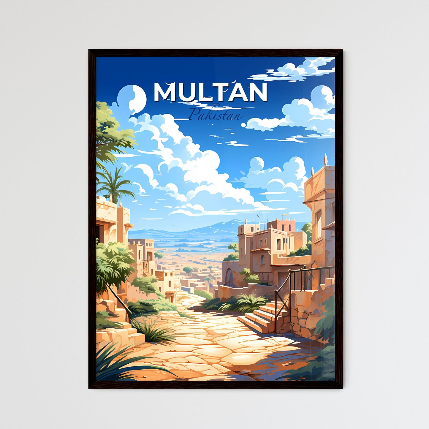 Multan Pakistan Skyline on stone street showing buildings, trees, and a painting Default Title