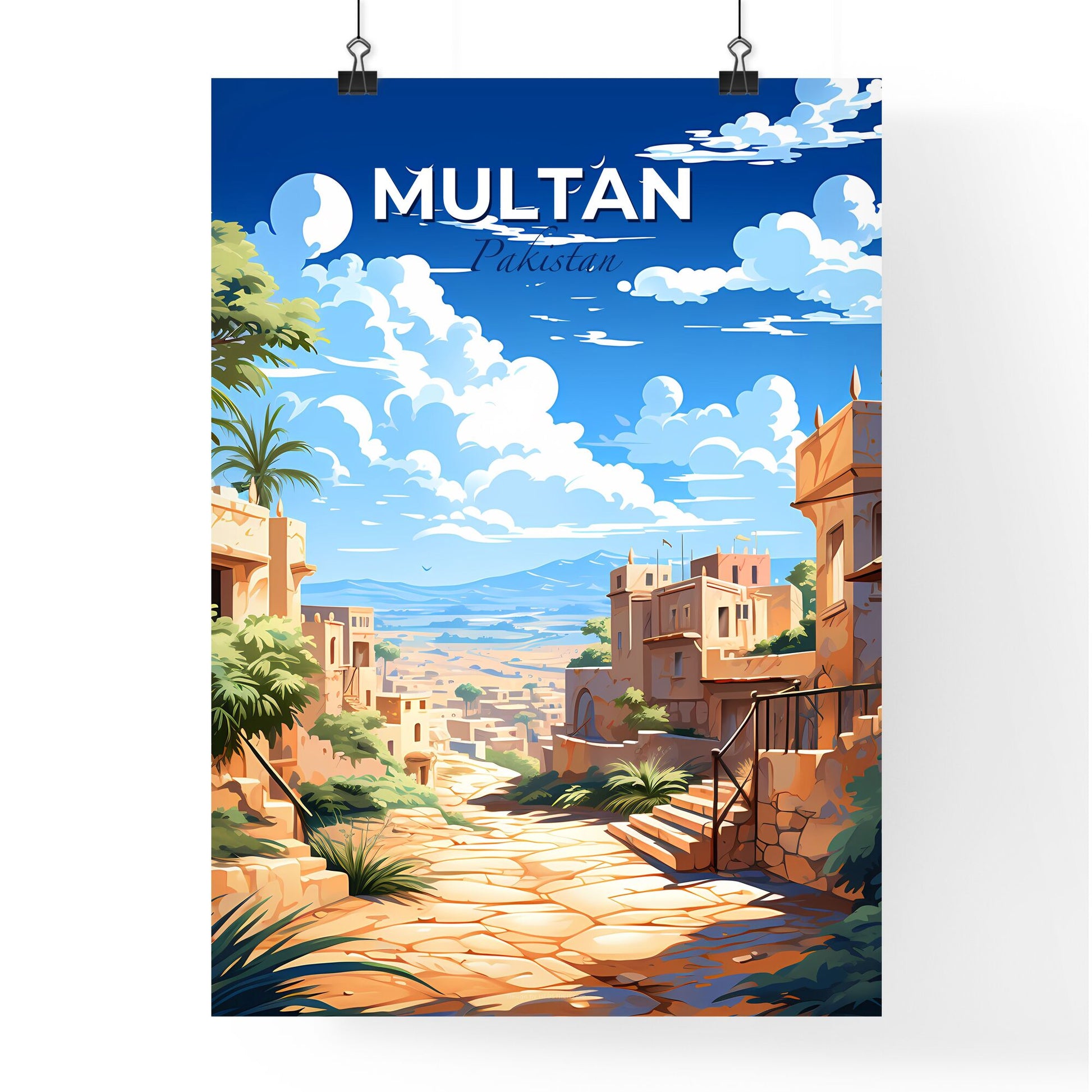 Multan Pakistan Skyline on stone street showing buildings, trees, and a painting Default Title