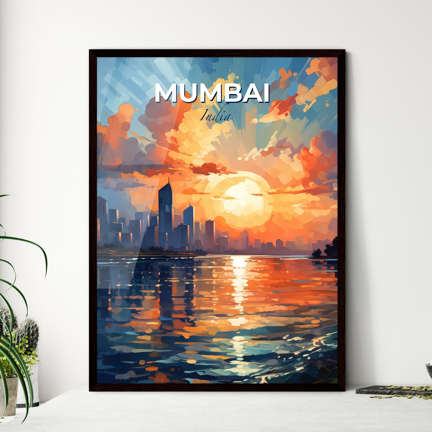 Vibrant Mumbai Skyline Painting with Sunset over Water Default Title