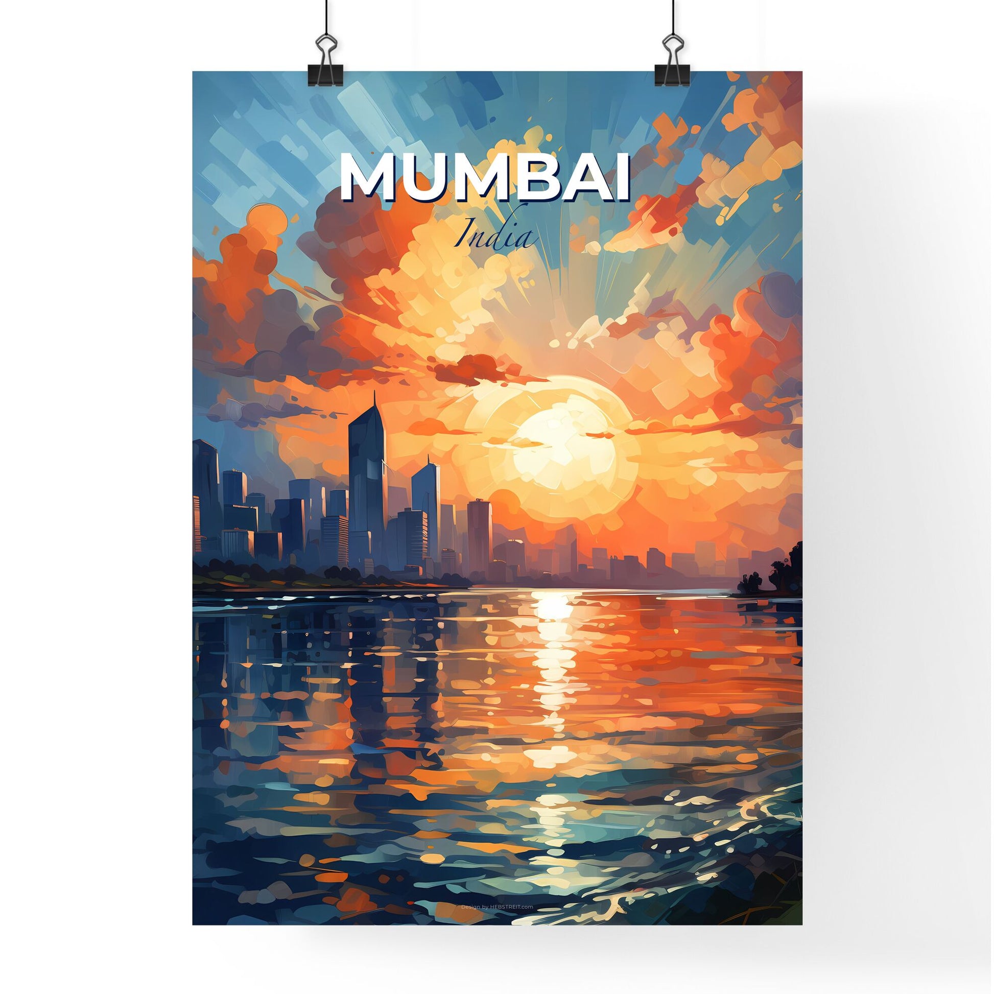 Vibrant Mumbai Skyline Painting with Sunset over Water Default Title