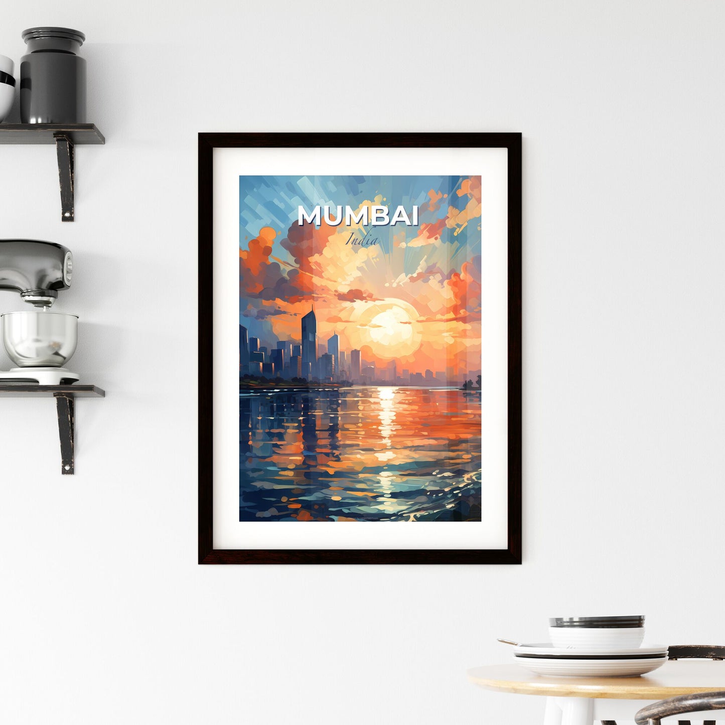 Vibrant Mumbai Skyline Painting with Sunset over Water Default Title