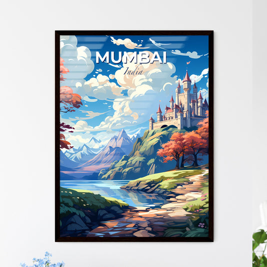 Vibrant Painting of Mumbai Skyline Depicting Hilltop Castle Amidst Lush Greenery and Serene River Default Title