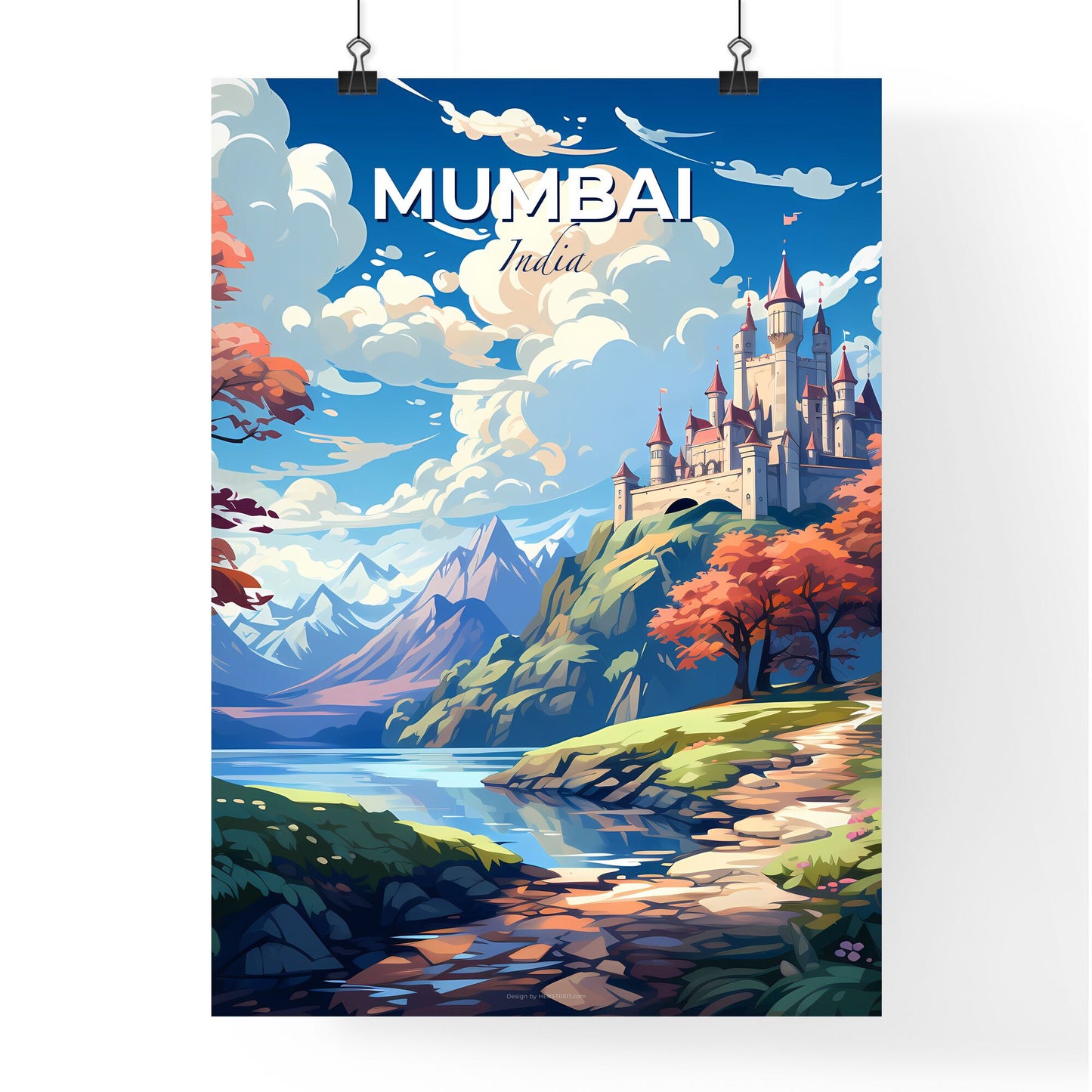 Vibrant Painting of Mumbai Skyline Depicting Hilltop Castle Amidst Lush Greenery and Serene River Default Title