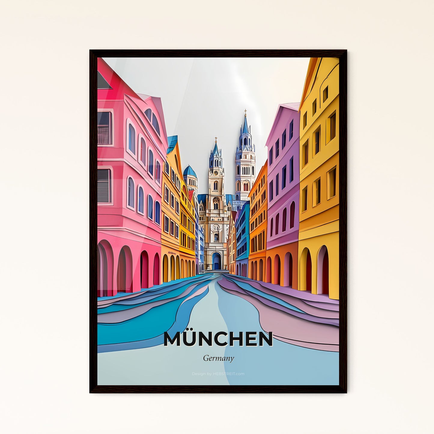 Vivid München, Germany - a painting of a city street with a clock tower