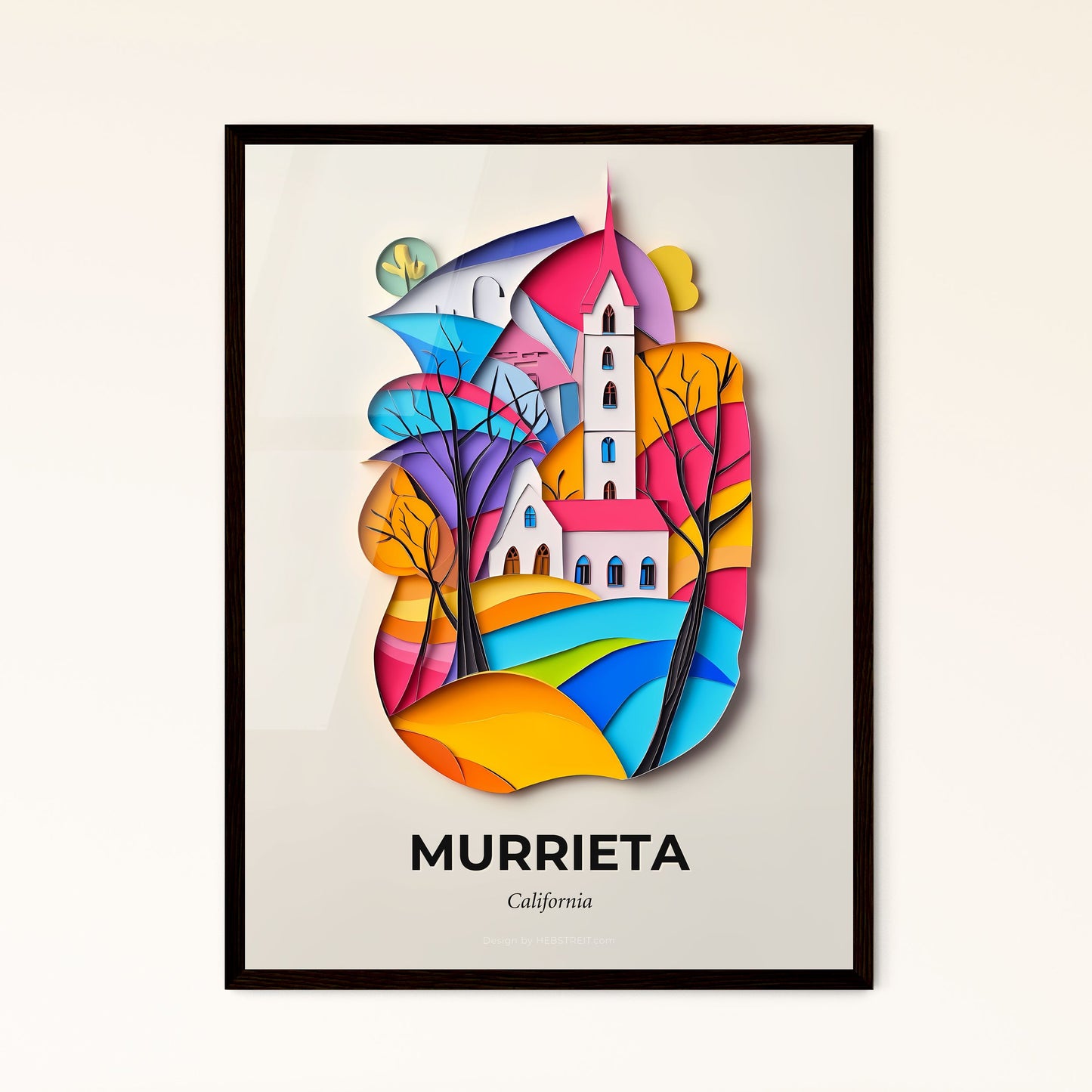 Vivid Murrieta, California - a paper cut of a church and trees