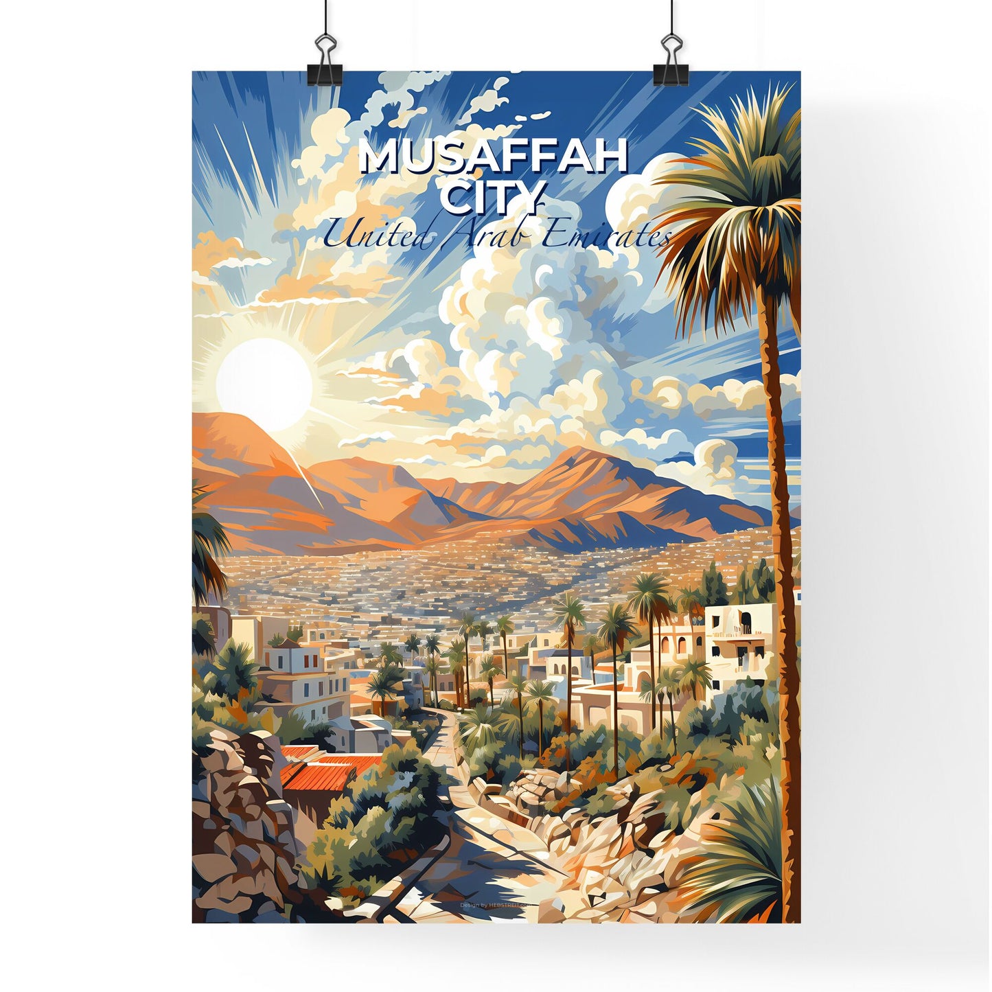 Musaffah City United Arab Emirates Colorful Cityscape Painting with Palm Trees and Mountains Default Title