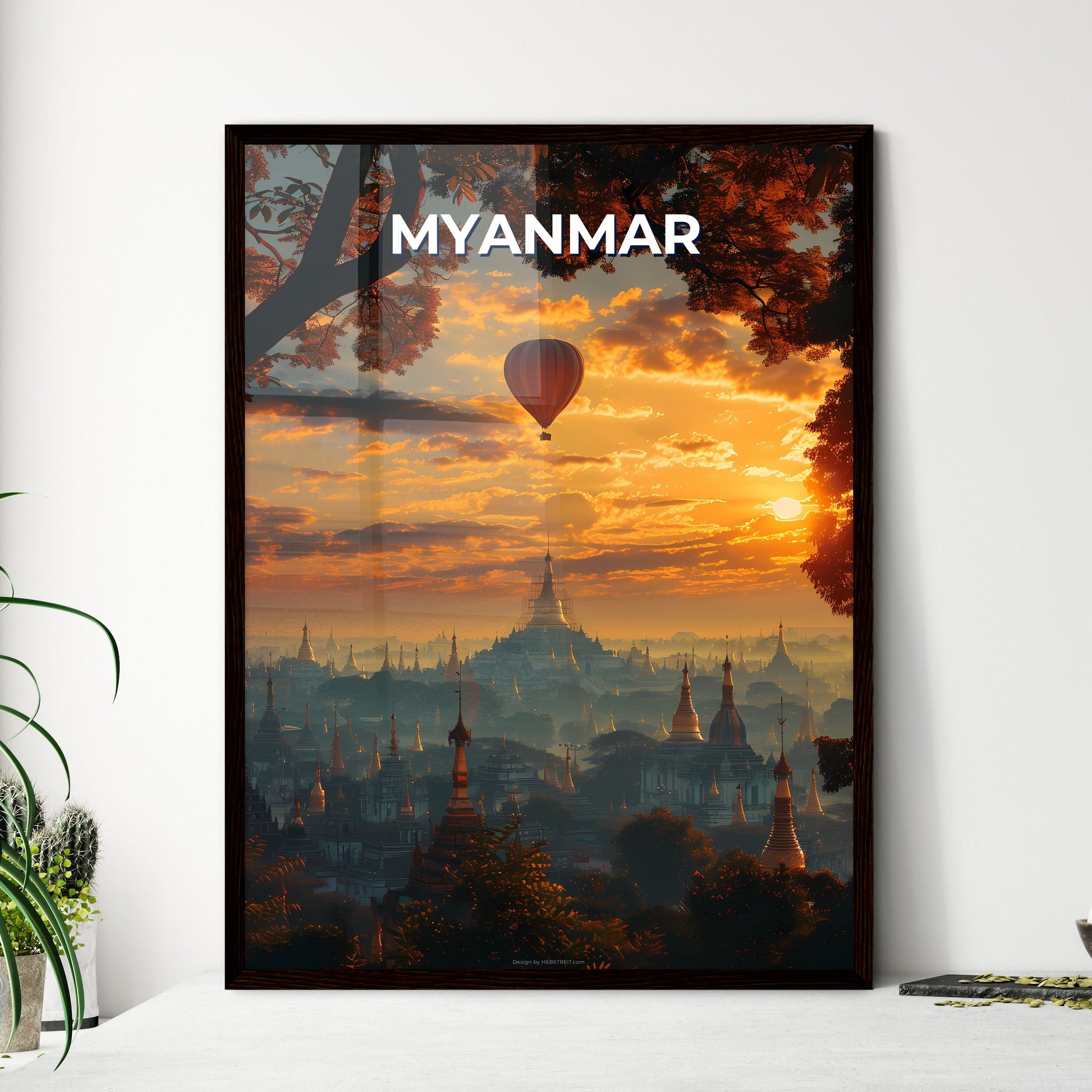 Colorful Hot Air Balloon Over Southeast Asian City Artwork