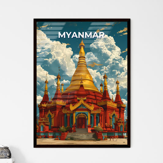 Buddhist Temple Artwork Myanmar Southeast Asia Painting Red Gold Blue Sky Clouds Traditional