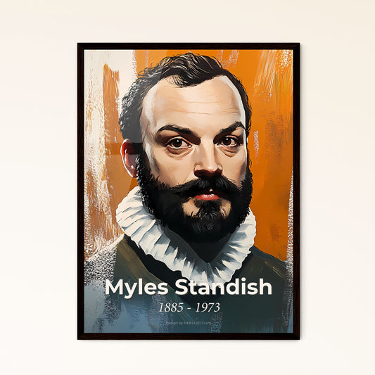 Portrait of Myles Standish, 1885 - 1973. Impressionistic painting of a man with a beard and ruffled collar.